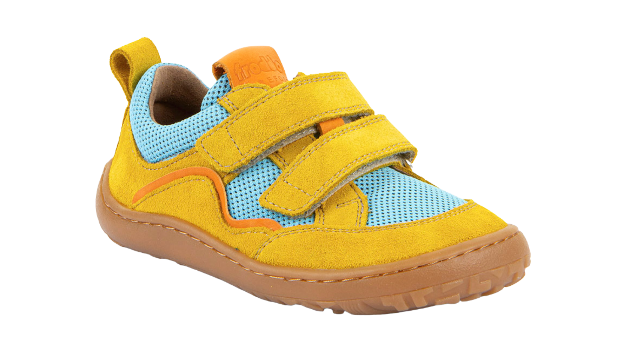 Barfußschuh für Kinder, geschlossene Zehen und geschlossener Fersenbereich, zwei Klettverschlüsse, flexible Sohle, textile Einsätze, Einzelschuh, schräge Vorderansicht