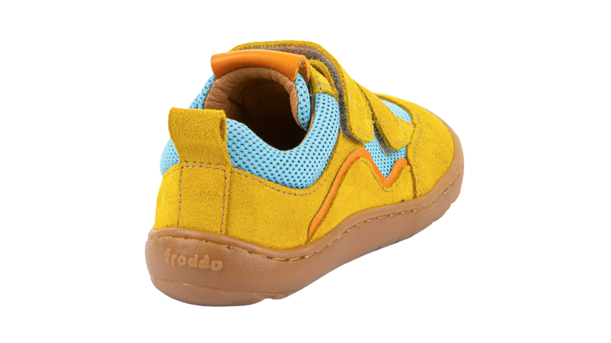 Barfußschuh für Kinder, geschlossene Zehen und geschlossener Fersenbereich, zwei Klettverschlüsse, flexible Sohle, textile Einsätze, Einzelschuh, Rückansicht