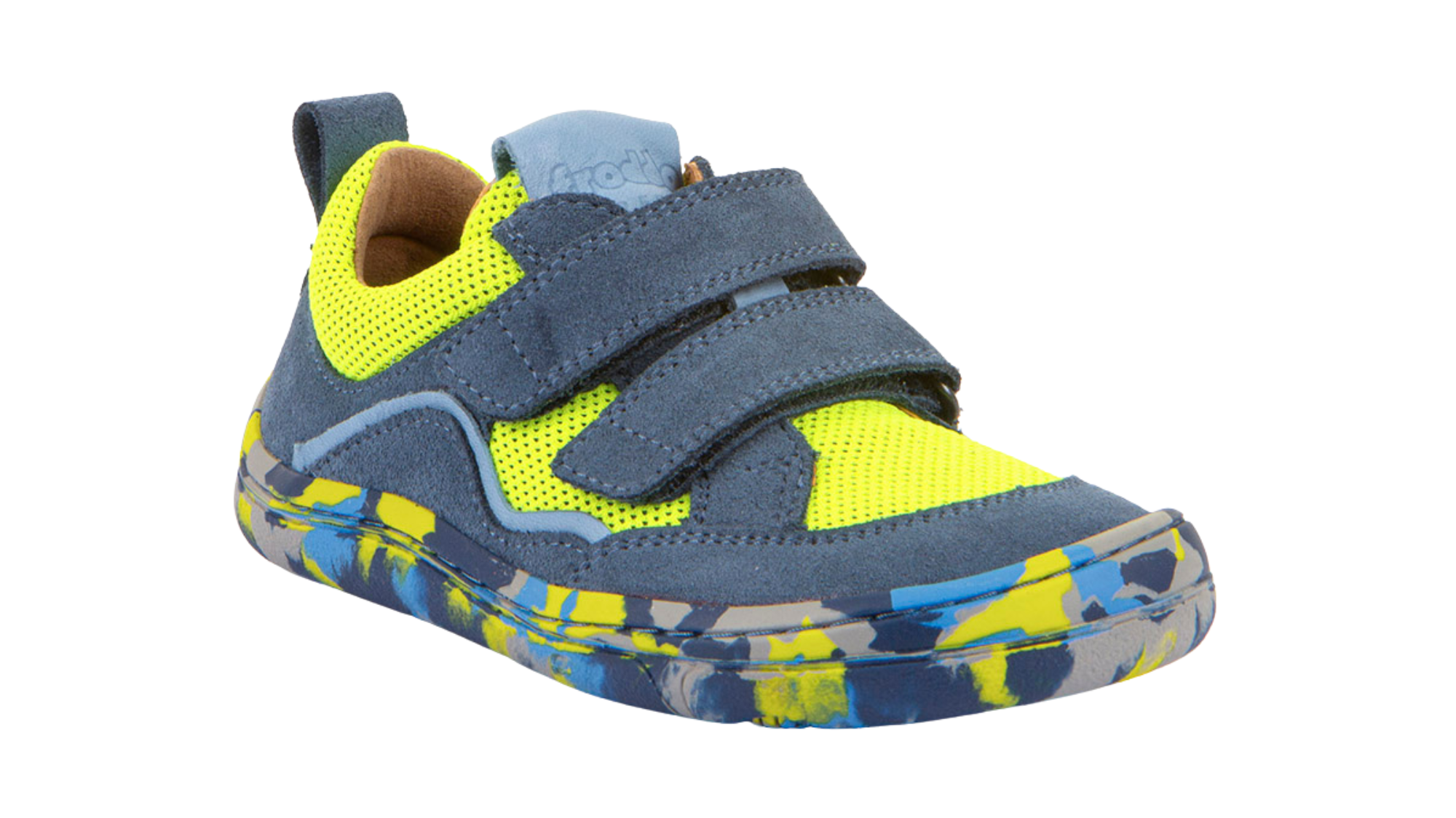 Barfußschuh für Kinder mit zwei Klettverschlüssen, geschlossene Zehen und geschlossener Fersenbereich, schräge Vorderansicht, einzelner Schuh