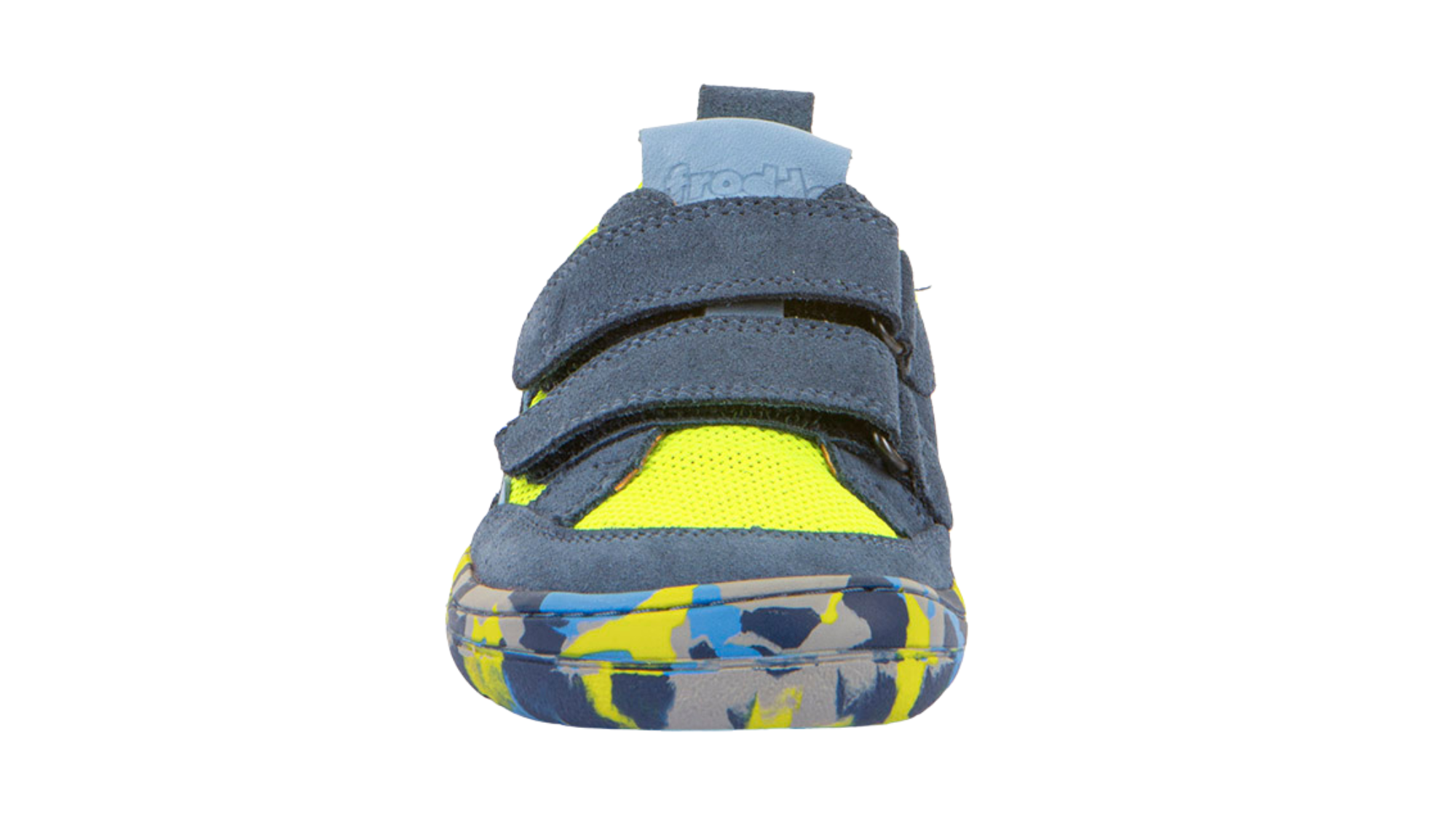 Barfußschuh für Kinder mit zwei Klettverschlüssen, geschlossene Zehen und geschlossener Fersenbereich, Vorderansicht, einzelner Schuh