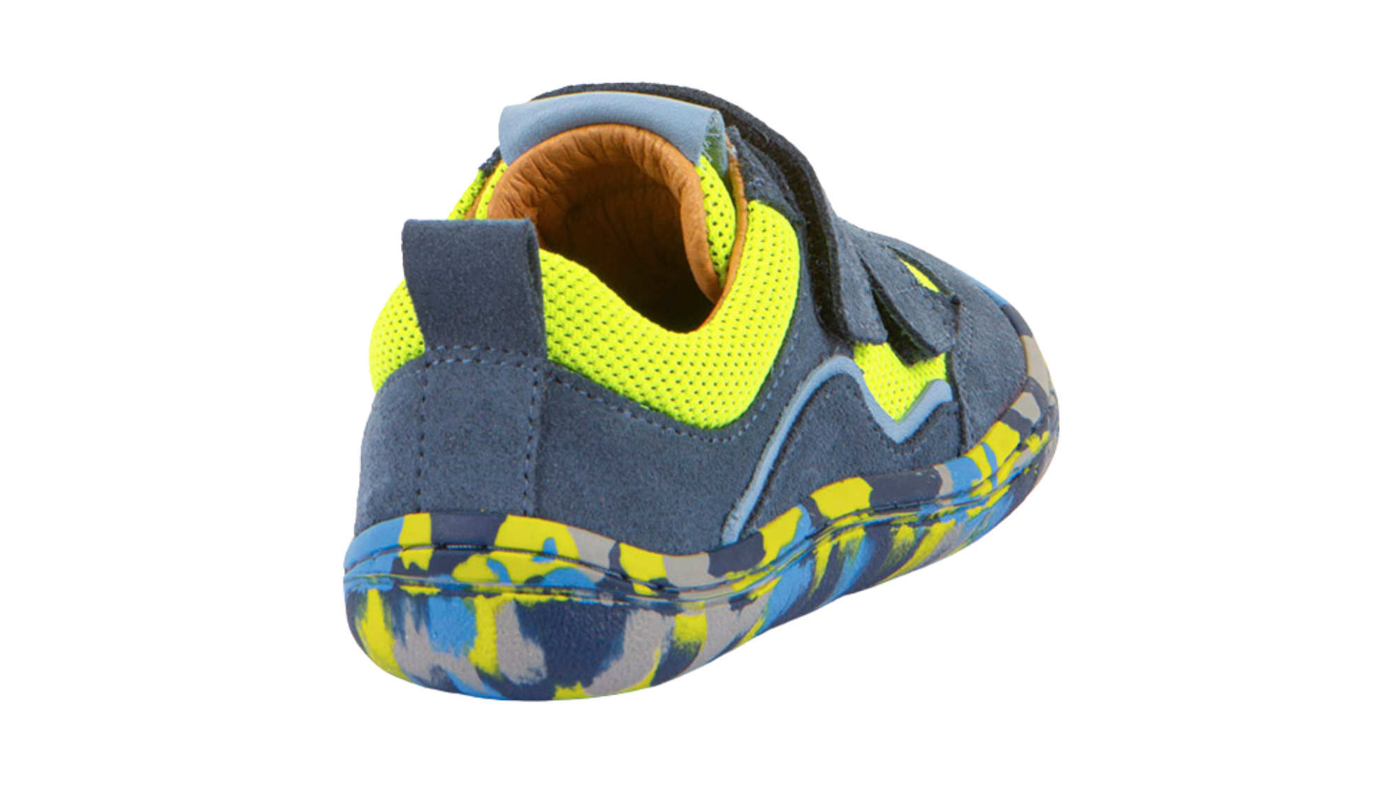 Barfußschuh für Kinder mit zwei Klettverschlüssen, geschlossene Zehen und geschlossener Fersenbereich, schräge Rückansicht, einzelner Schuh