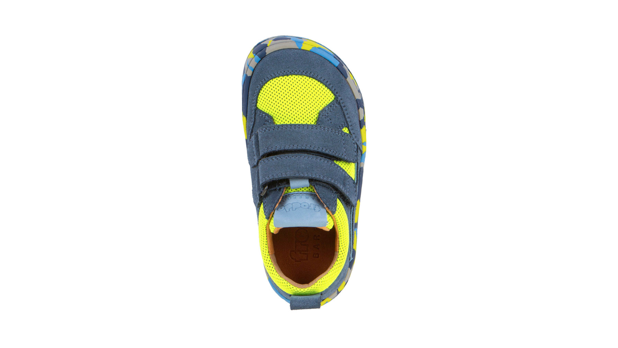 Barfußschuh für Kinder mit zwei Klettverschlüssen, geschlossene Zehen und geschlossener Fersenbereich, Draufsicht, einzelner Schuh