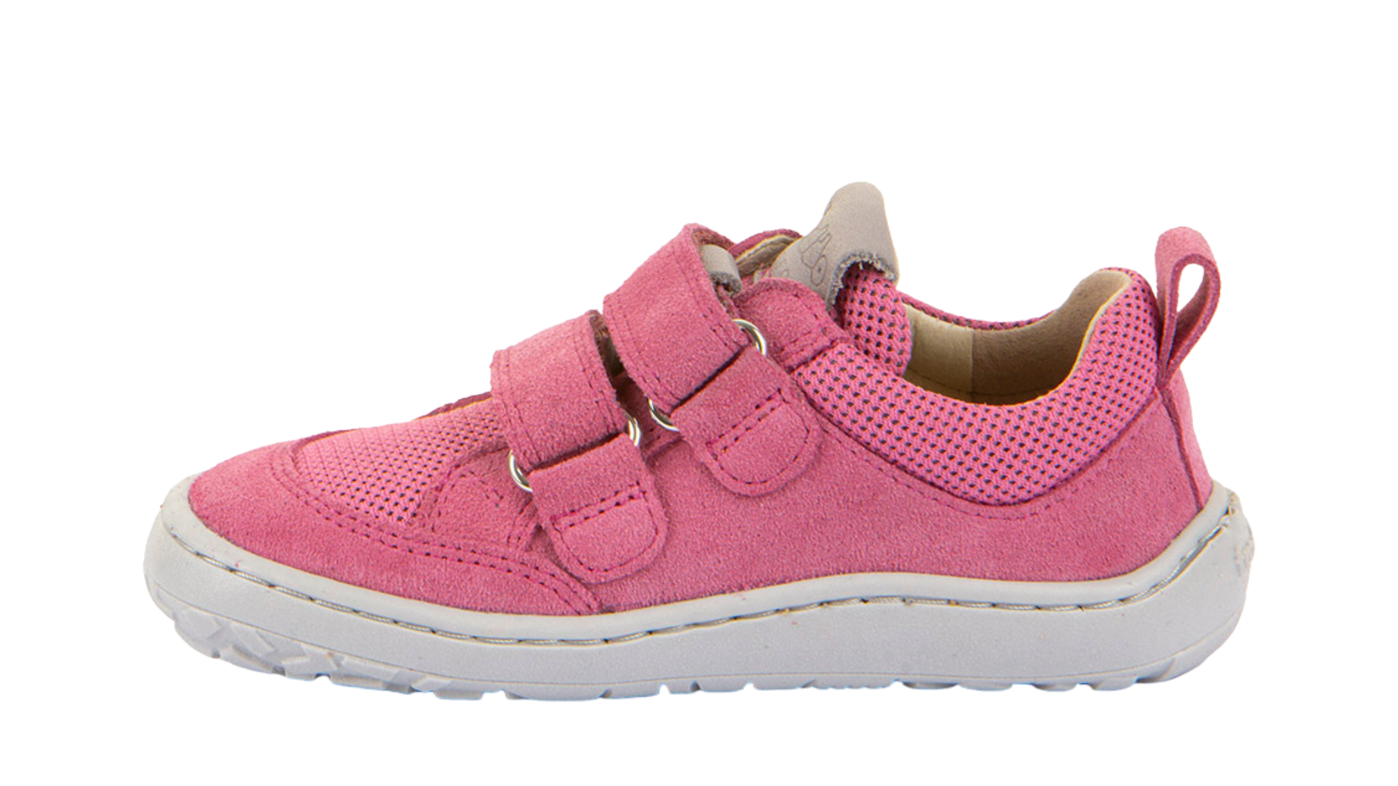 Barfußschuh für Kinder, geschlossene Zehen und geschlossener Fersenbereich, zwei Klettverschlüsse, flexible Sohle, textile Einsätze, Einzelschuh, Seitenansicht innen