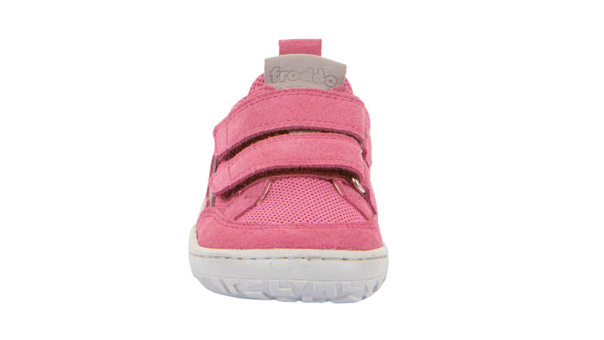 Barfußschuh für Kinder, geschlossene Zehen und geschlossener Fersenbereich, zwei Klettverschlüsse, flexible Sohle, textile Einsätze, Einzelschuh, Vorderansicht