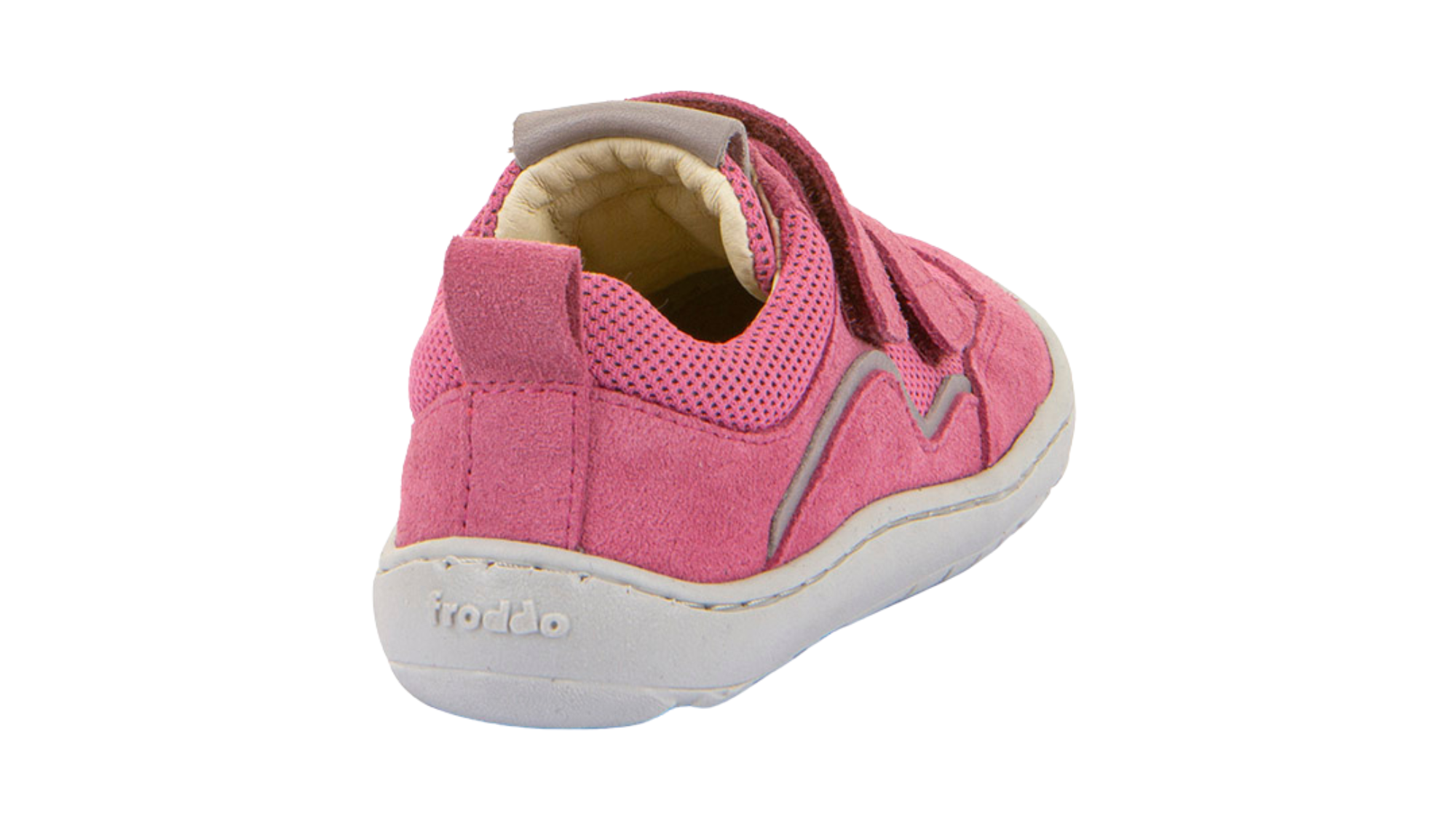Barfußschuh für Kinder, geschlossene Zehen und geschlossener Fersenbereich, zwei Klettverschlüsse, flexible Sohle, textile Einsätze, Einzelschuh, Rückansicht