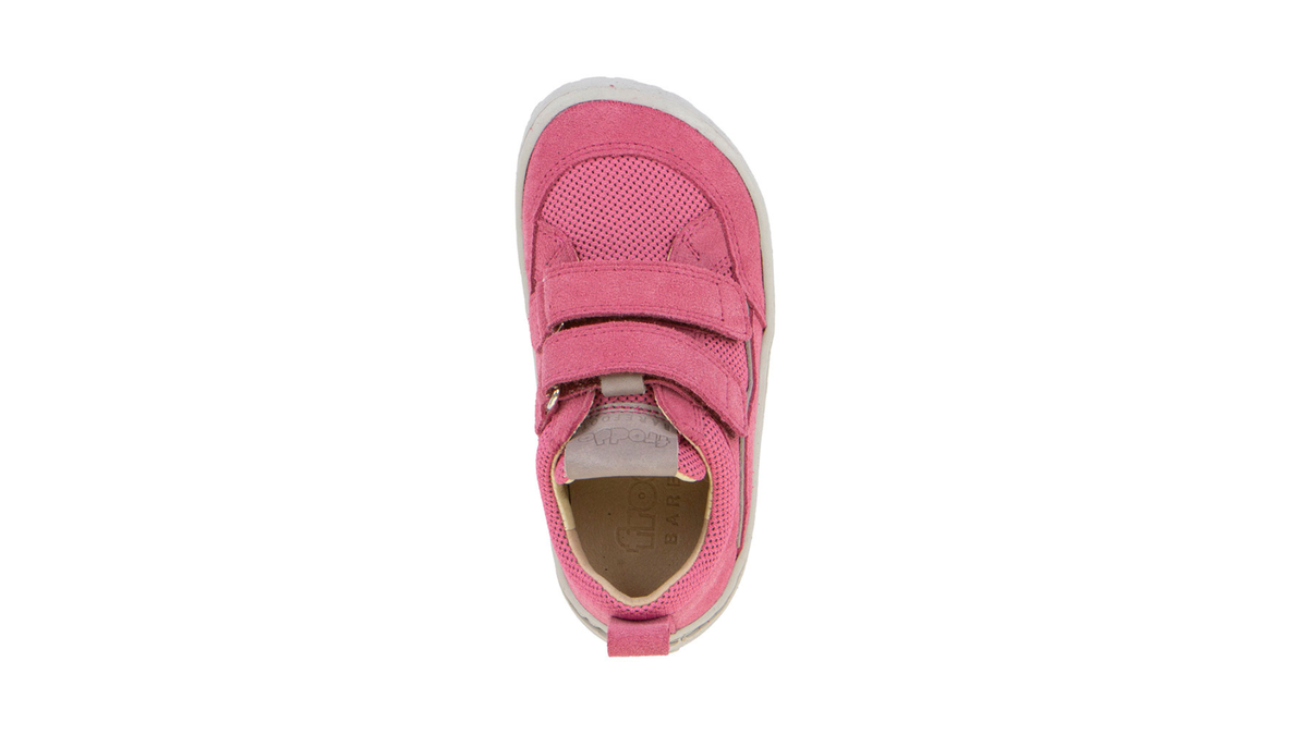 Barfußschuh für Kinder, geschlossene Zehen und geschlossener Fersenbereich, zwei Klettverschlüsse, flexible Sohle, textile Einsätze, Einzelschuh, Draufsicht
