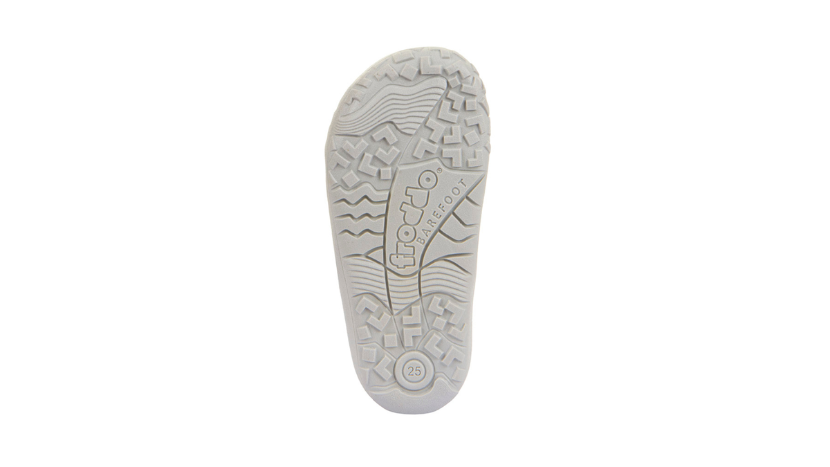 Barfußschuh für Kinder, geschlossene Zehen und geschlossener Fersenbereich, zwei Klettverschlüsse, flexible Sohle, textile Einsätze, Einzelschuh, Ansicht von unten