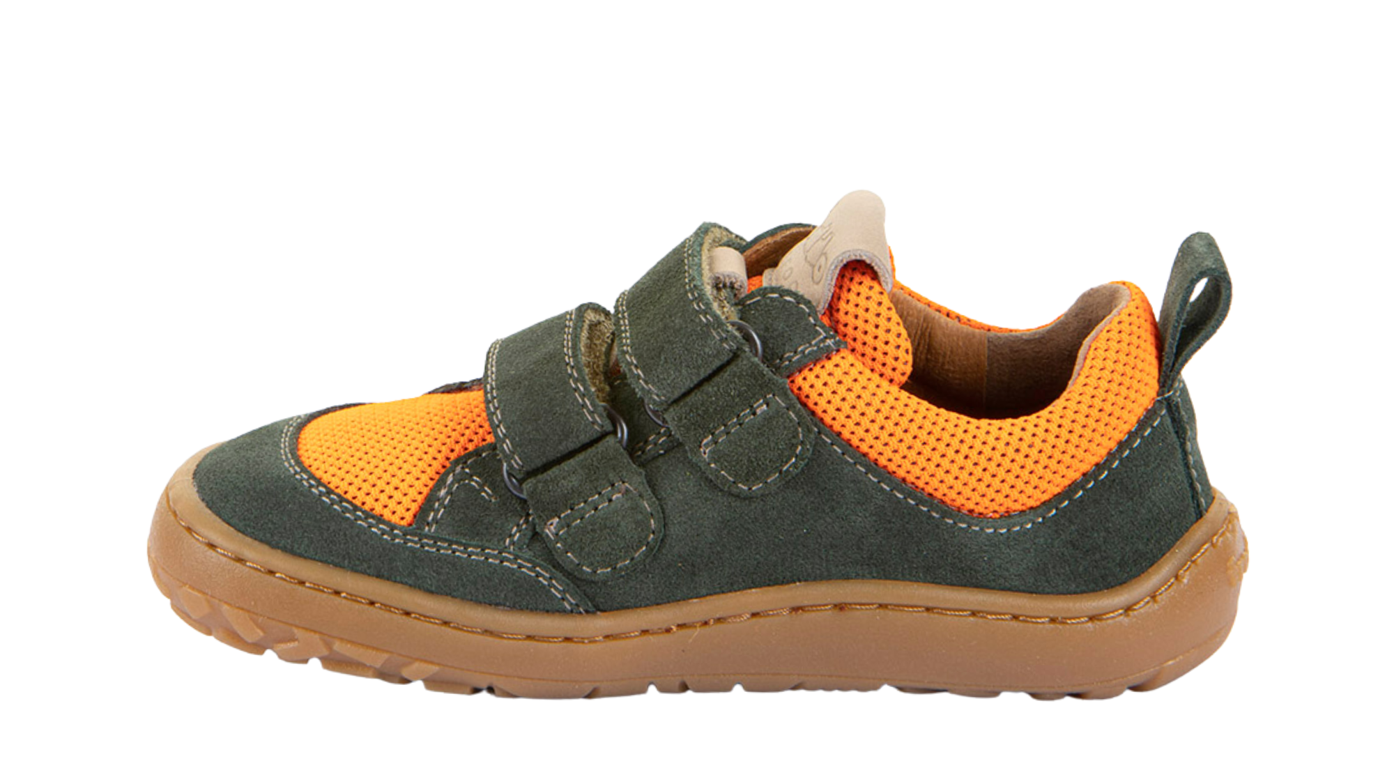 Barfußschuh für Kinder, geschlossene Zehen und geschlossener Fersenbereich, zwei Klettverschlüsse, flexible Sohle, textile Einsätze, Einzelschuh, Seitenansicht innen