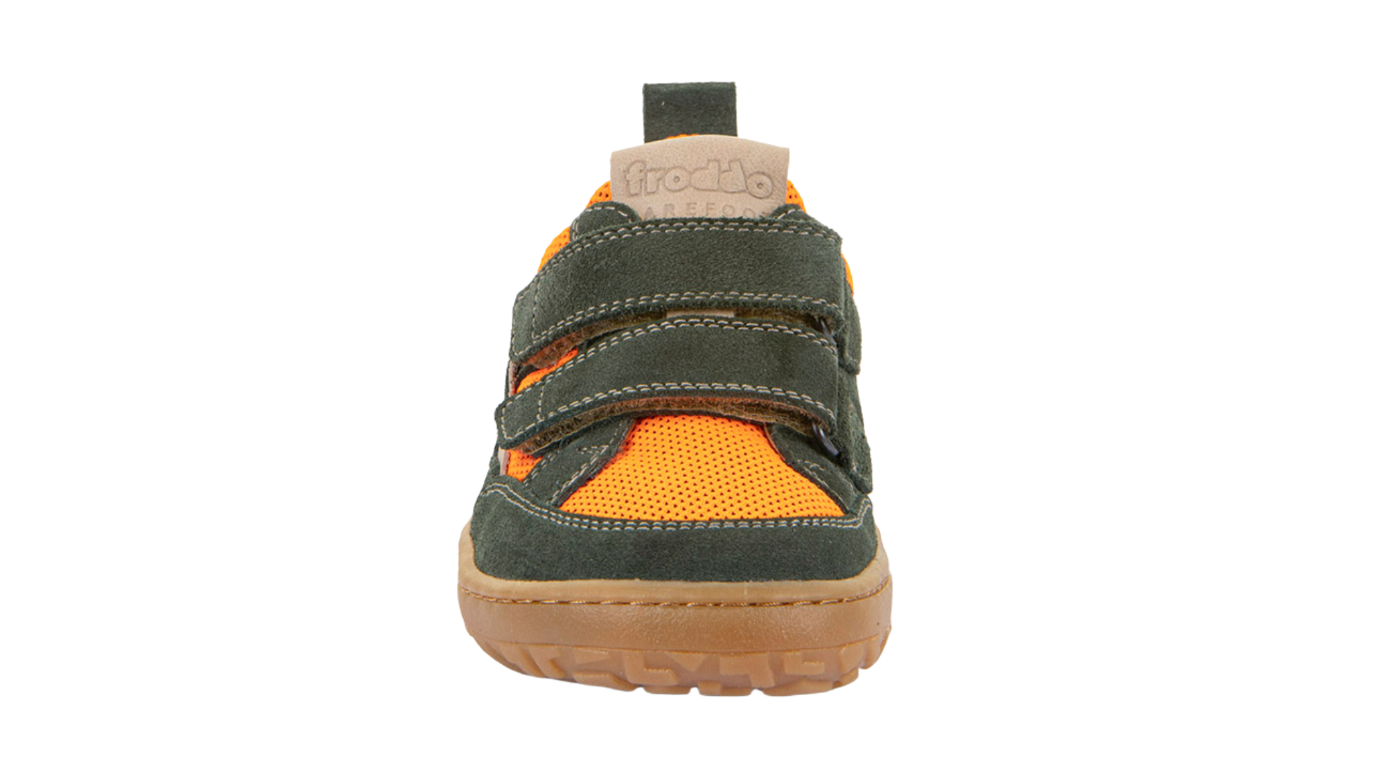 Barfußschuh für Kinder, geschlossene Zehen und geschlossener Fersenbereich, zwei Klettverschlüsse, flexible Sohle, textile Einsätze, Einzelschuh, Vorderansicht