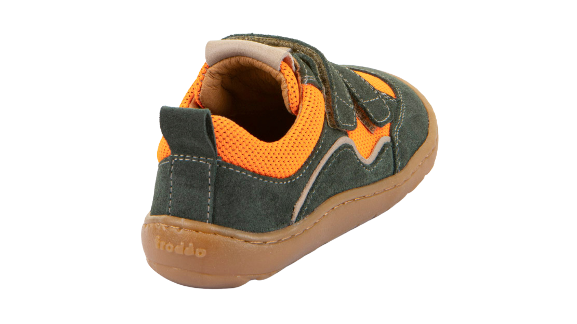 Barfußschuh für Kinder, geschlossene Zehen und geschlossener Fersenbereich, zwei Klettverschlüsse, flexible Sohle, textile Einsätze, Einzelschuh, Rückansicht