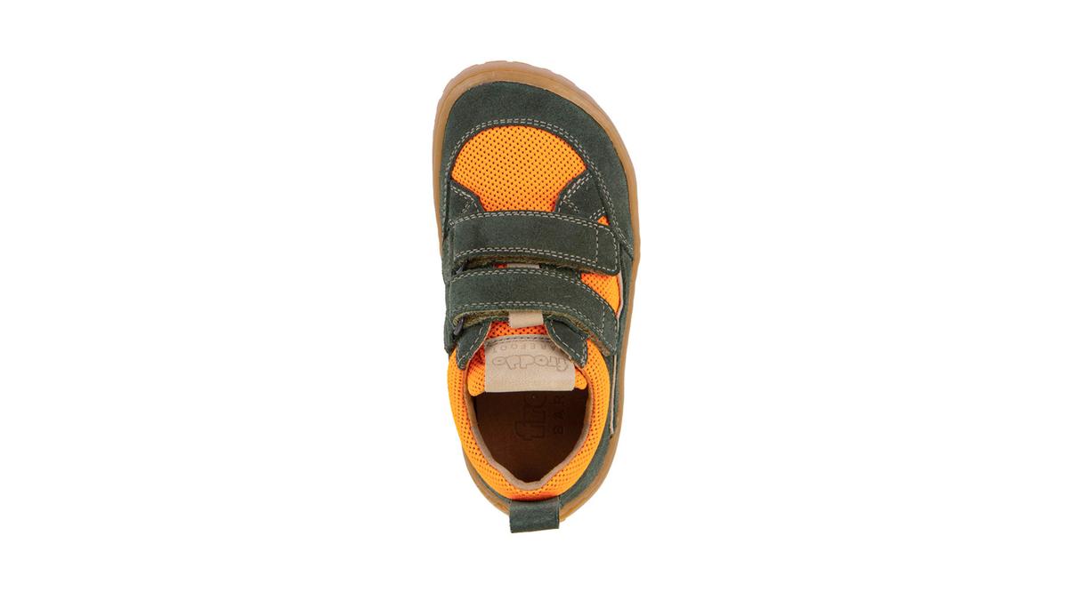 Barfußschuh für Kinder, geschlossene Zehen und geschlossener Fersenbereich, zwei Klettverschlüsse, flexible Sohle, textile Einsätze, Einzelschuh, Draufsicht