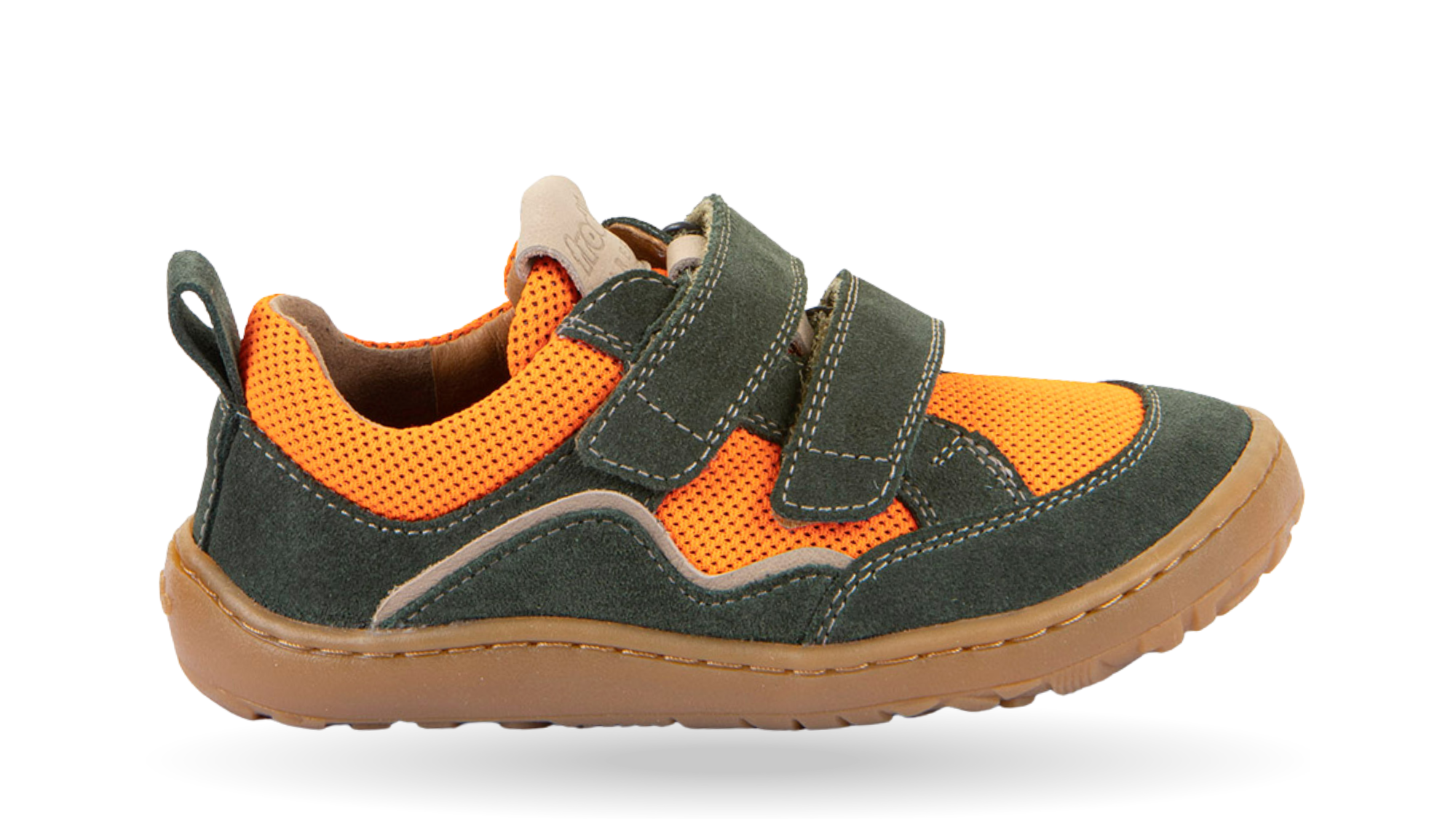 Barfußschuh für Kinder, geschlossene Zehen und geschlossener Fersenbereich, zwei Klettverschlüsse, flexible Sohle, textile Einsätze, Einzelschuh, Seitenansicht außen