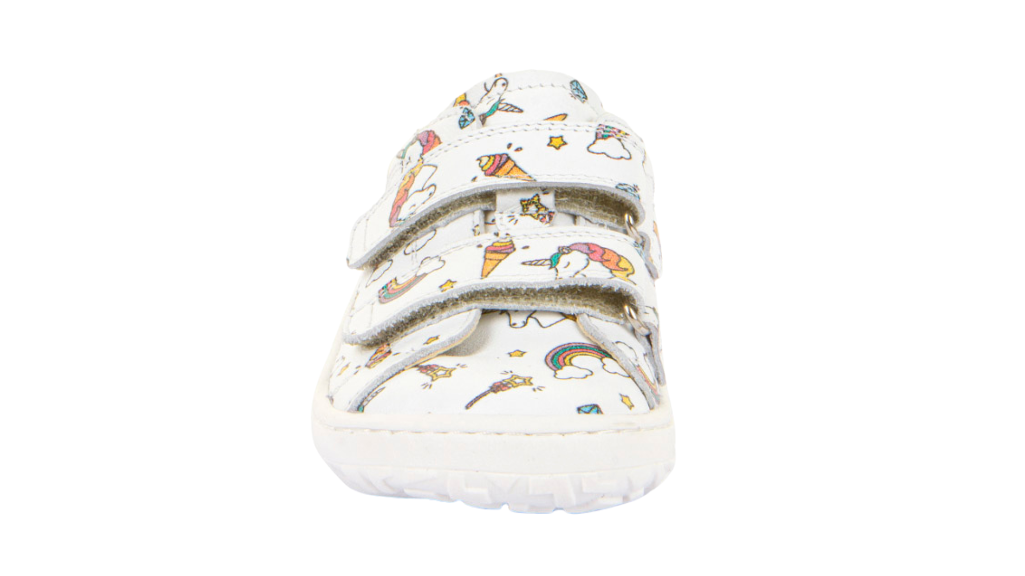 Barfußschuh für Kinder, geschlossene Zehen und geschlossener Fersenbereich, zwei Klettverschlüsse, flexible Sohle, Muster auf dem Obermaterial, Vorderansicht, Einzelschuh