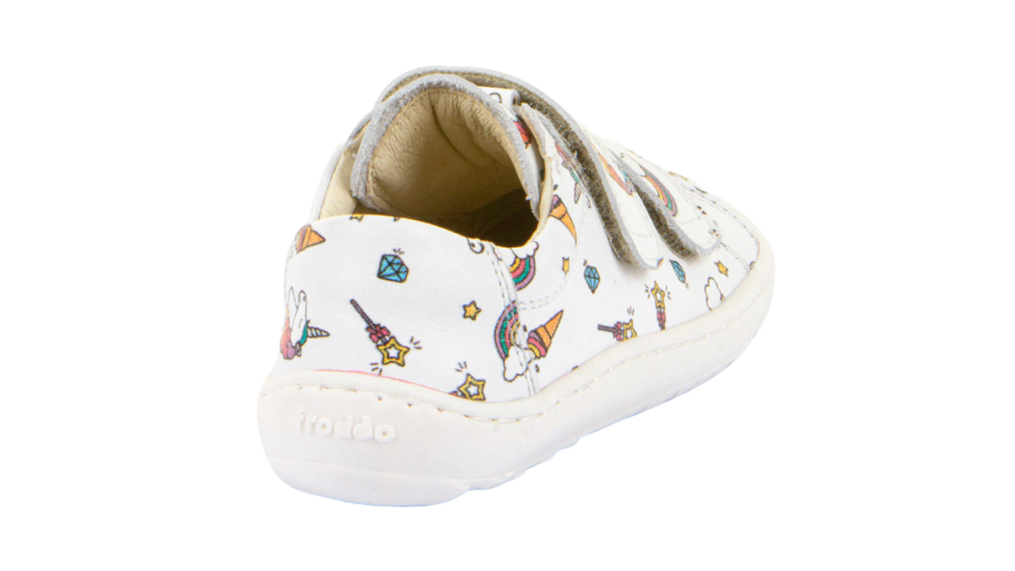 Barfußschuh für Kinder, geschlossene Zehen und geschlossener Fersenbereich, zwei Klettverschlüsse, flexible Sohle, Muster auf dem Obermaterial, Rückansicht, Einzelschuh