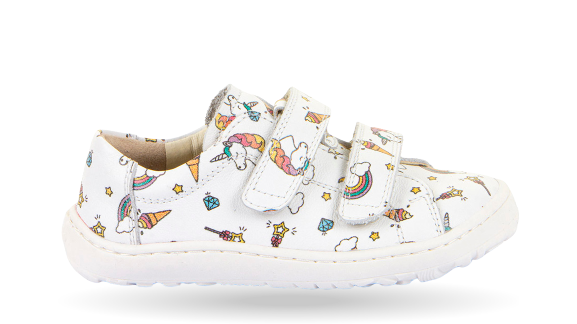 Barfußschuh für Kinder, geschlossene Zehen und geschlossener Fersenbereich, zwei Klettverschlüsse, flexible Sohle, Muster auf dem Obermaterial, Seitenansicht außen, Einzelschuh