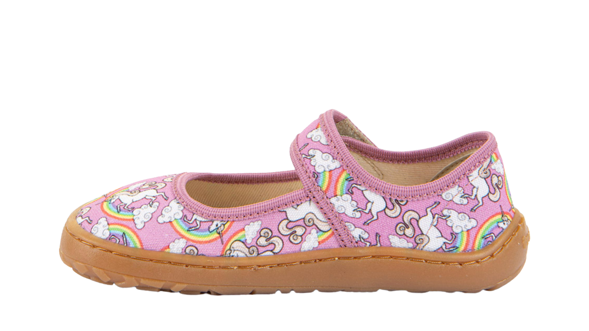 Barfußschuh, geschlossene Zehen und geschlossener Fersenbereich, Spannriemen mit Klettverschluss, flexible Sohle, Einzelschuh, Seitenansicht innen