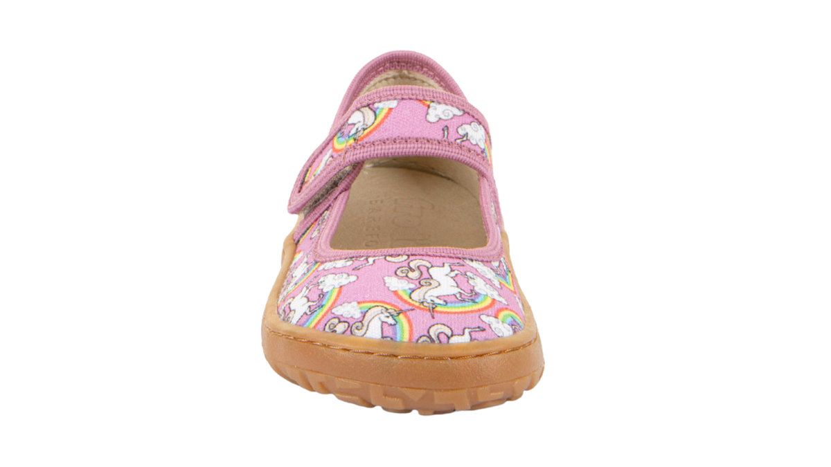 Barfußschuh, geschlossene Zehen und geschlossener Fersenbereich, Spannriemen mit Klettverschluss, flexible Sohle, Einzelschuh, Vorderansicht