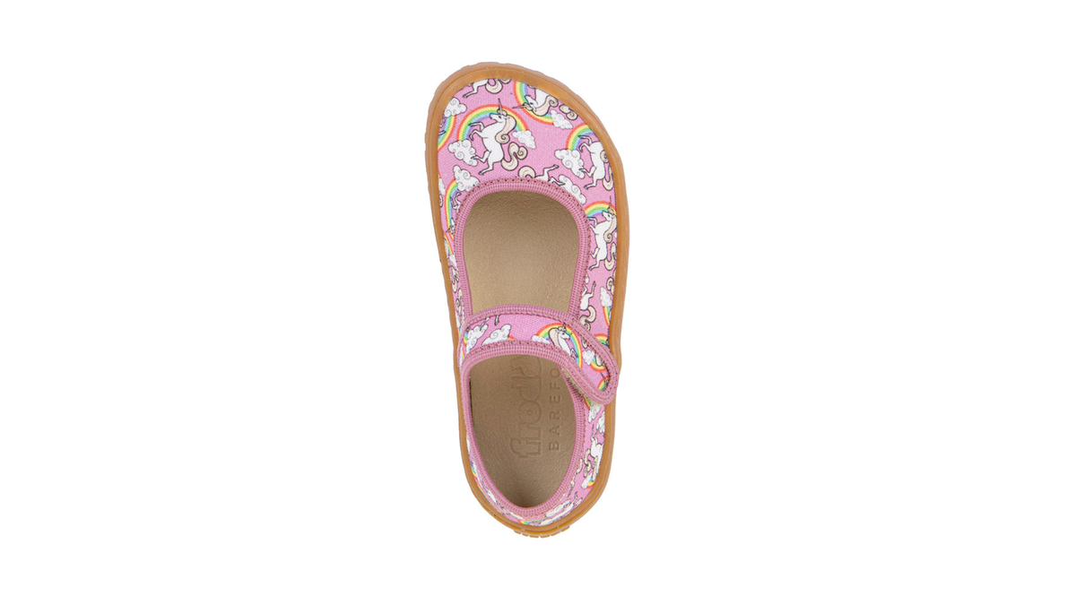 Barfußschuh, geschlossene Zehen und geschlossener Fersenbereich, Spannriemen mit Klettverschluss, flexible Sohle, Einzelschuh, Draufsicht