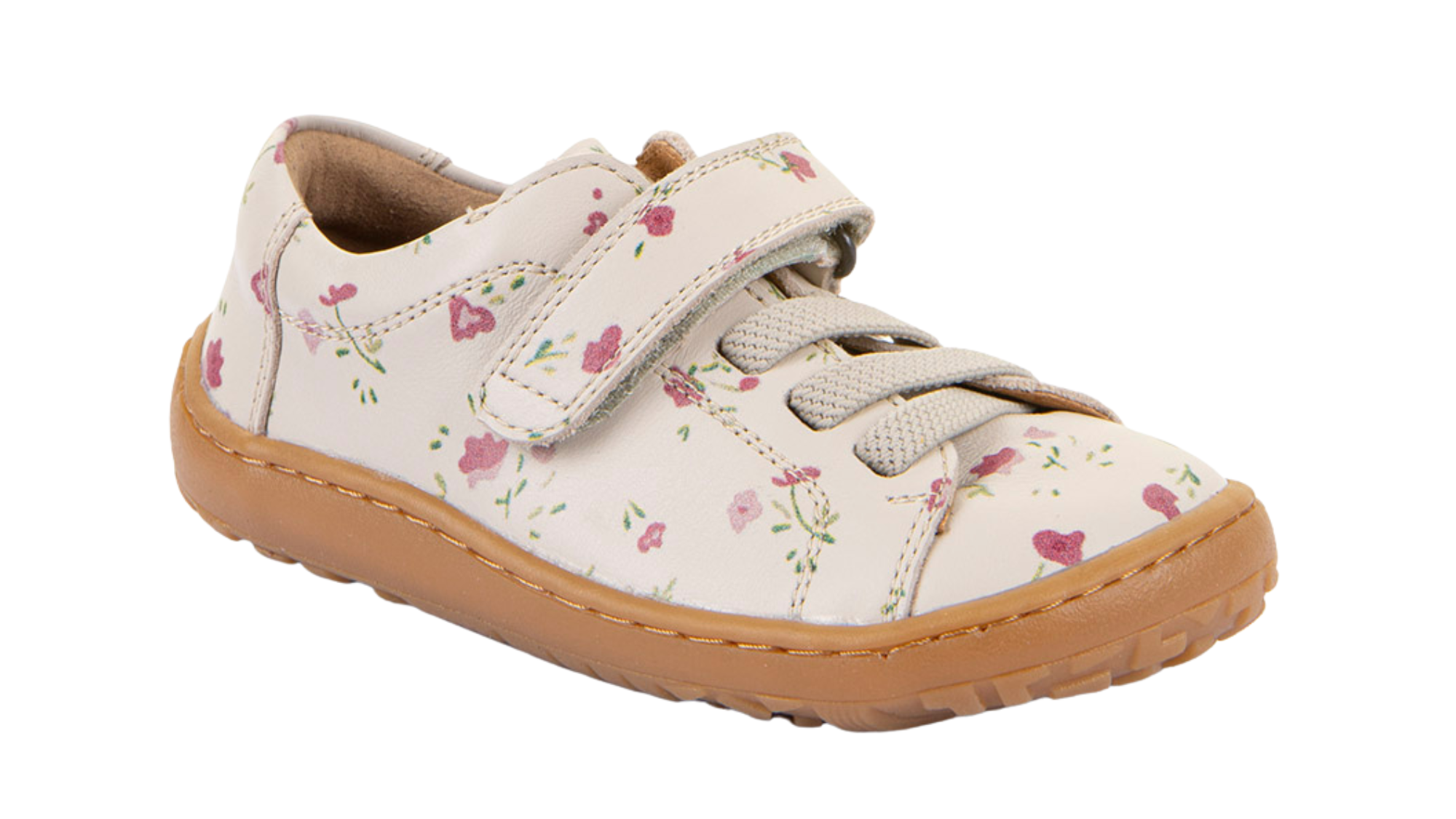 Barfußschuh für Kinder, geschlossene Zehen und geschlossener Fersenbereich, Klettverschluss und elastische Schnürung, flexible Sohle, Einzelschuh, schräge Vorderansicht