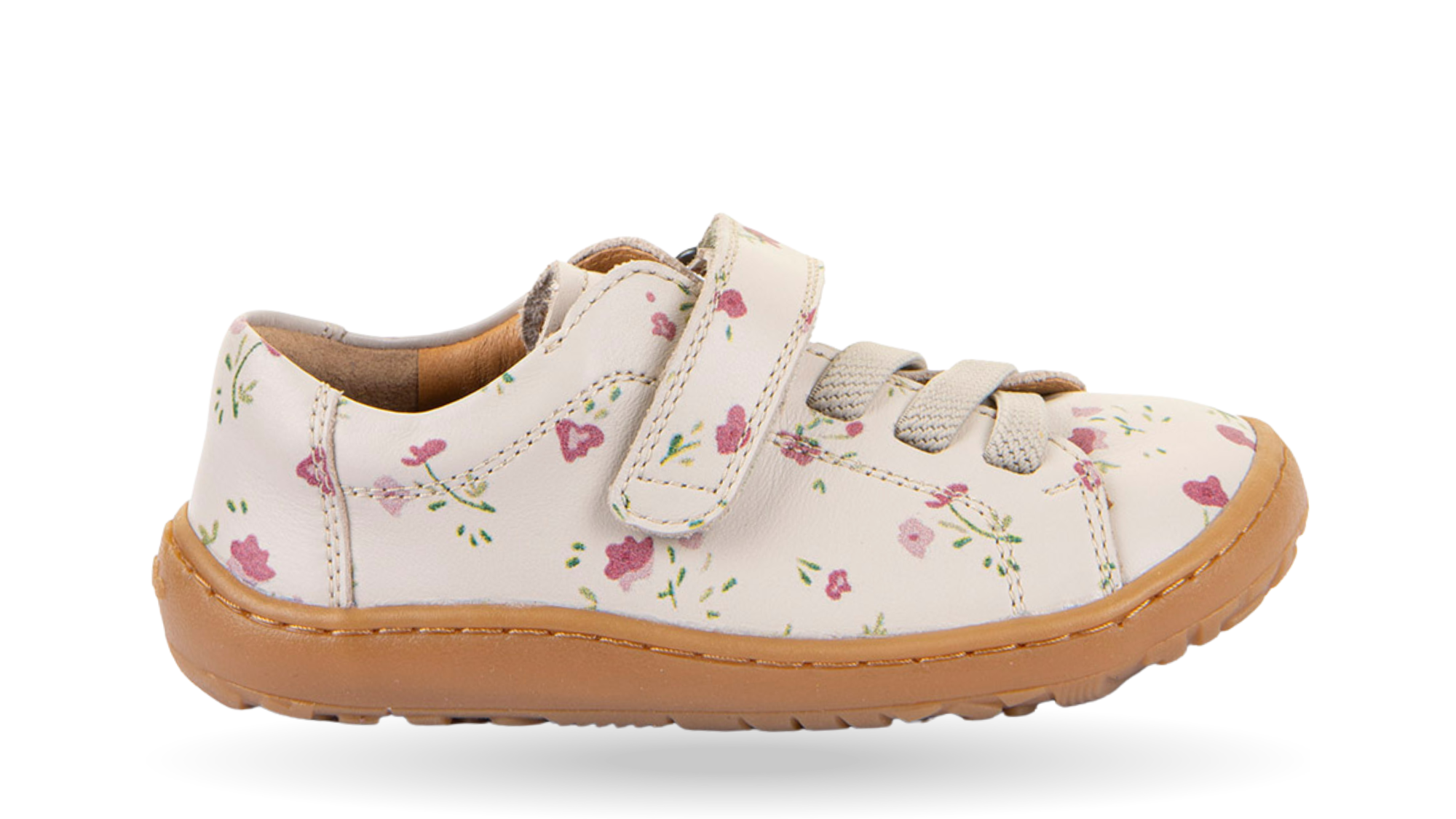 Barfußschuh für Kinder, geschlossene Zehen und geschlossener Fersenbereich, Klettverschluss und elastische Schnürung, flexible Sohle, Einzelschuh, Seitenansicht außen