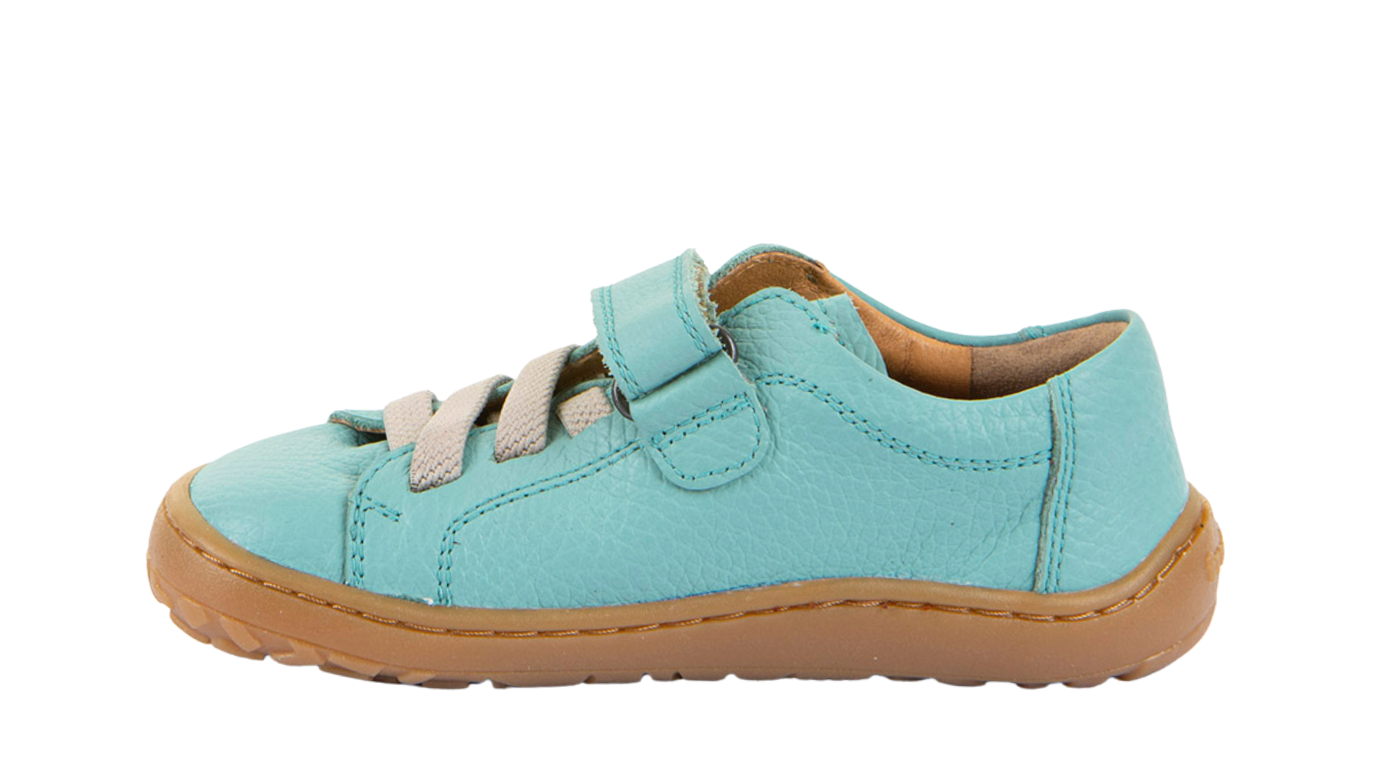 Barfußschuh für Kinder, geschlossene Zehen und geschlossener Fersenbereich, Klettverschluss und elastische Schnürung, flexible Sohle, Einzelschuh, Seitenansicht innen