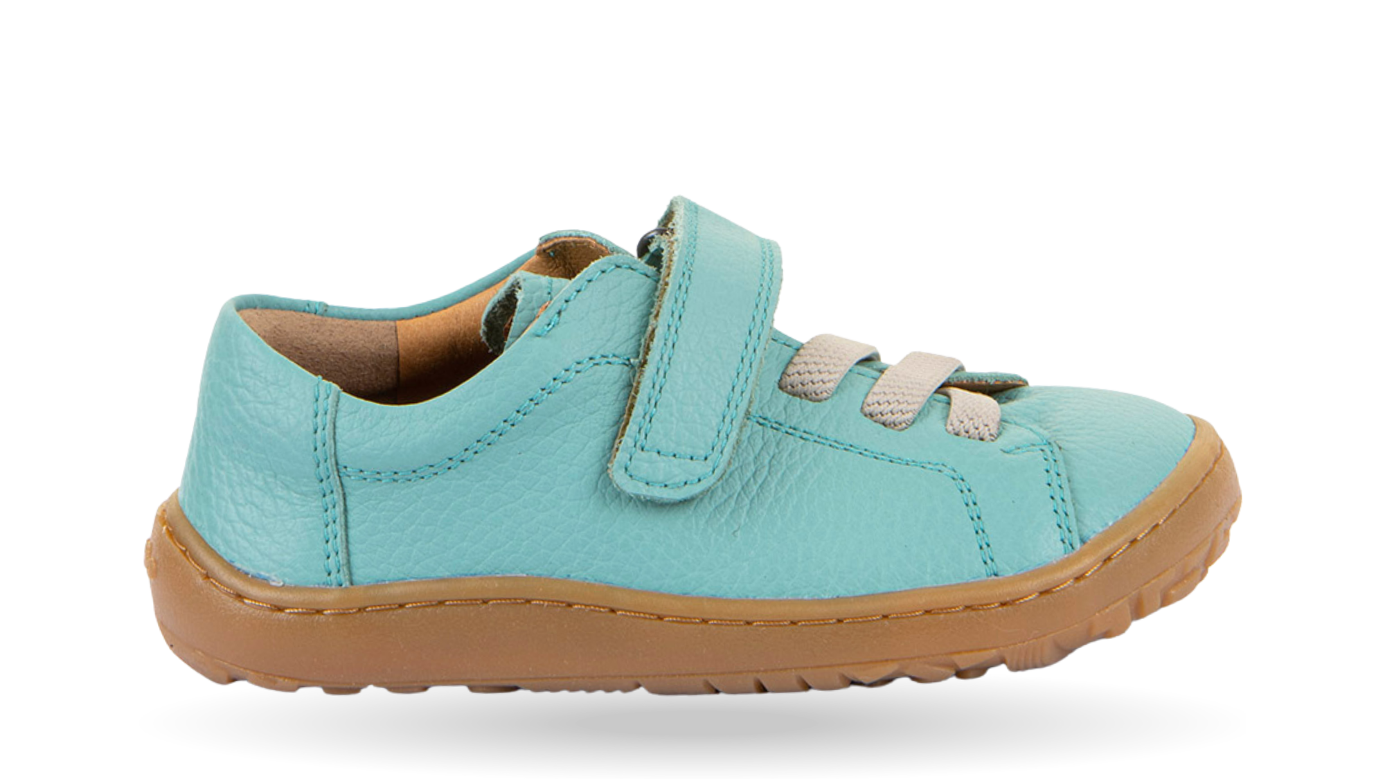 Barfußschuh für Kinder, geschlossene Zehen und geschlossener Fersenbereich, Klettverschluss und elastische Schnürung, flexible Sohle, Einzelschuh, Seitenansicht außen
