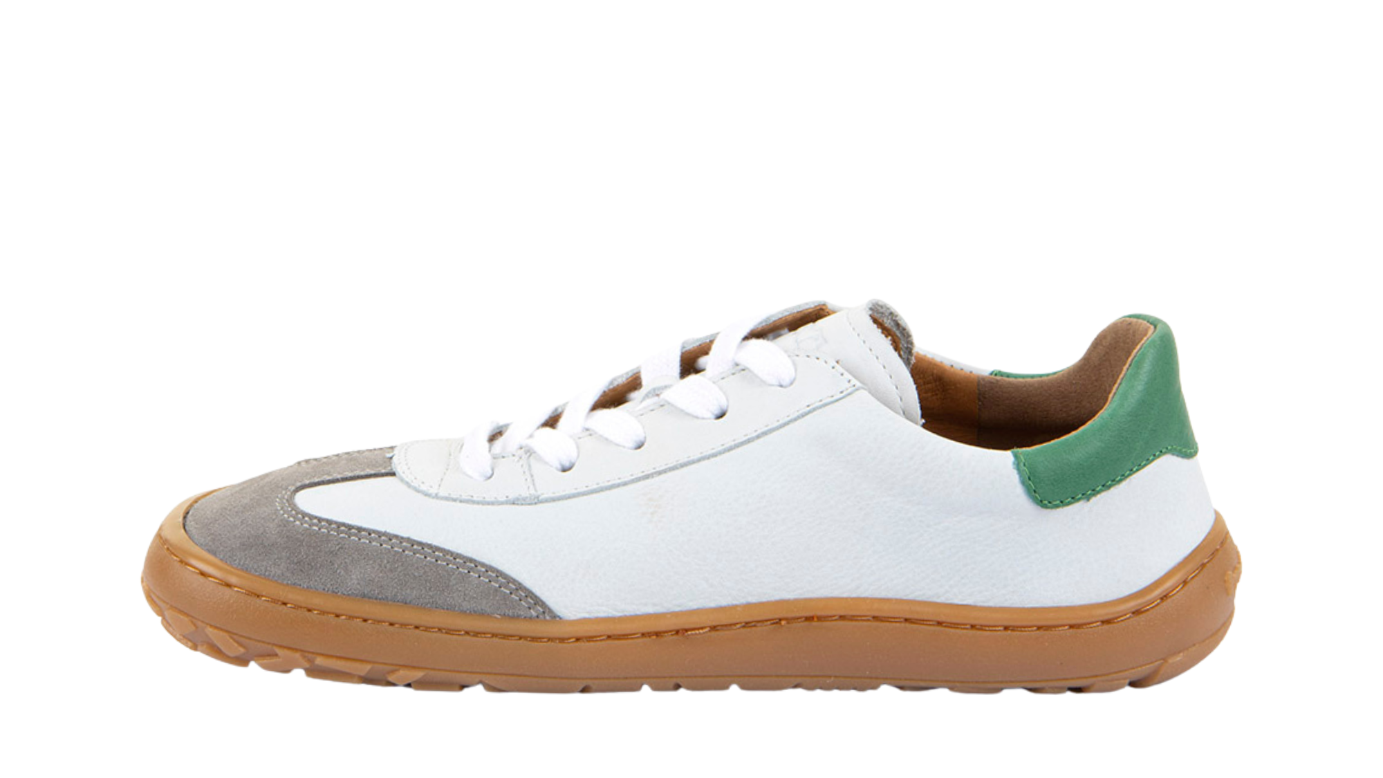 Barfußschuh, geschlossene Zehen und geschlossener Fersenbereich, Schnürung, flexible Sohle, Einzelschuh, Seitenansicht innen