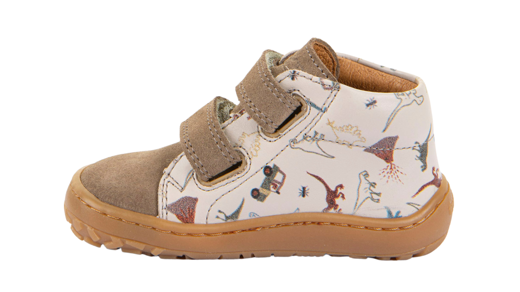 Barfußschuh für Kinder, geschlossene Zehen und geschlossener Fersenbereich, zwei Klettverschlüsse, flexible Sohle, Muster auf dem Obermaterial, Einzelschuh, Seitenansicht innen