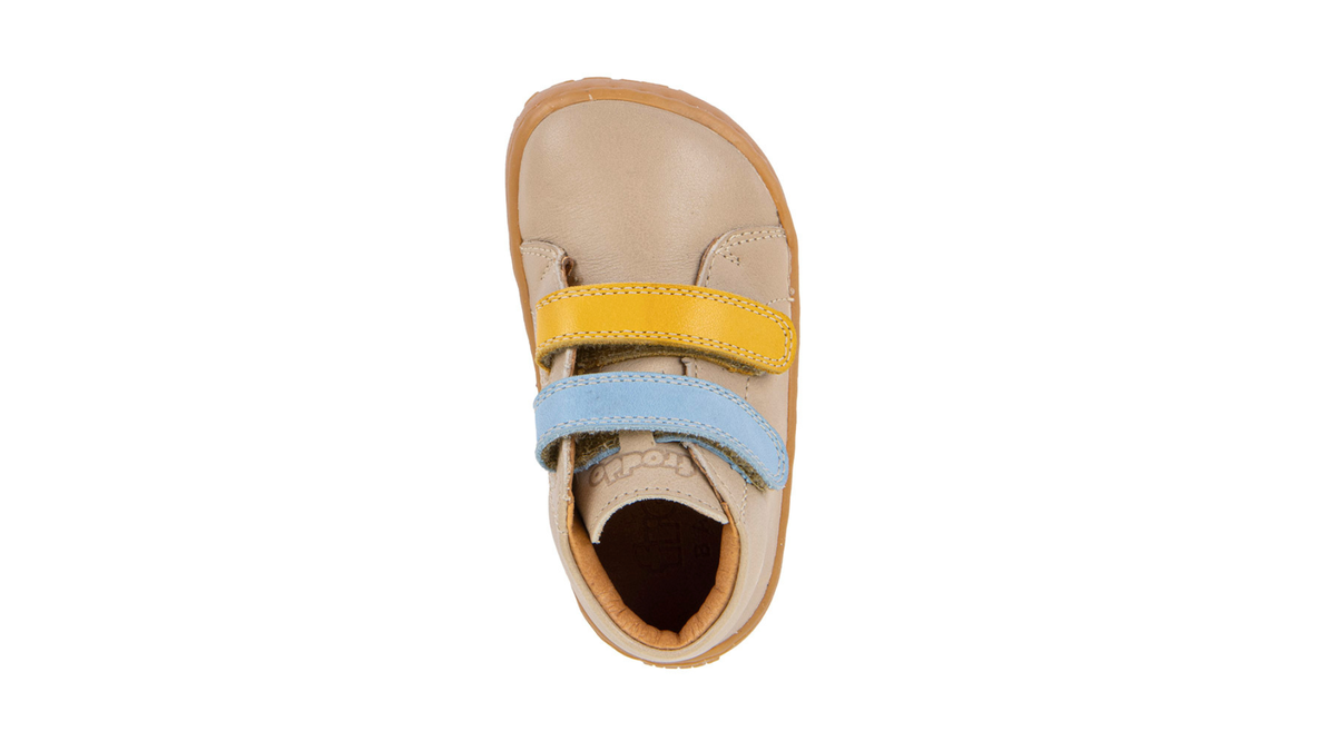 Barfußschuh für Kinder, geschlossene Zehen und geschlossener Fersenbereich, zwei Klettverschlüsse, flexible Sohle, Einzelschuh, Draufsicht