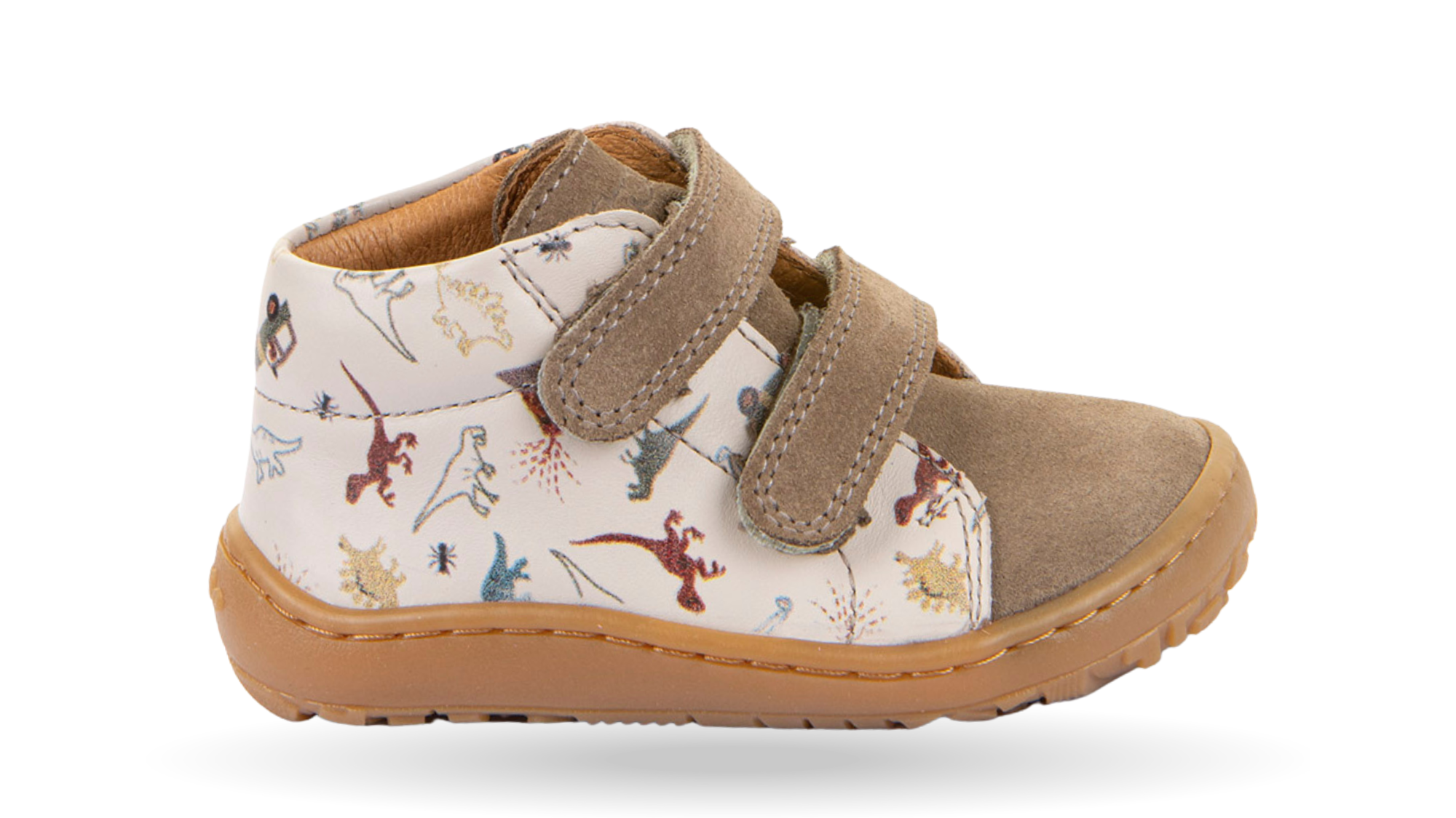 Barfußschuh für Kinder, geschlossene Zehen und geschlossener Fersenbereich, zwei Klettverschlüsse, flexible Sohle, Muster auf dem Obermaterial, Einzelschuh, Seitenansicht außen