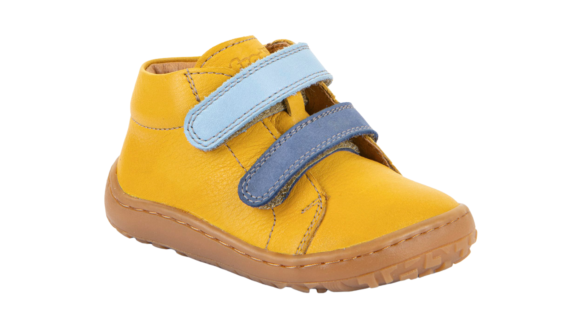 Barfußschuh für Kinder, geschlossene Zehen und geschlossener Fersenbereich, zwei Klettverschlüsse, flexible Sohle,  Einzelschuh, schräge Vorderansicht