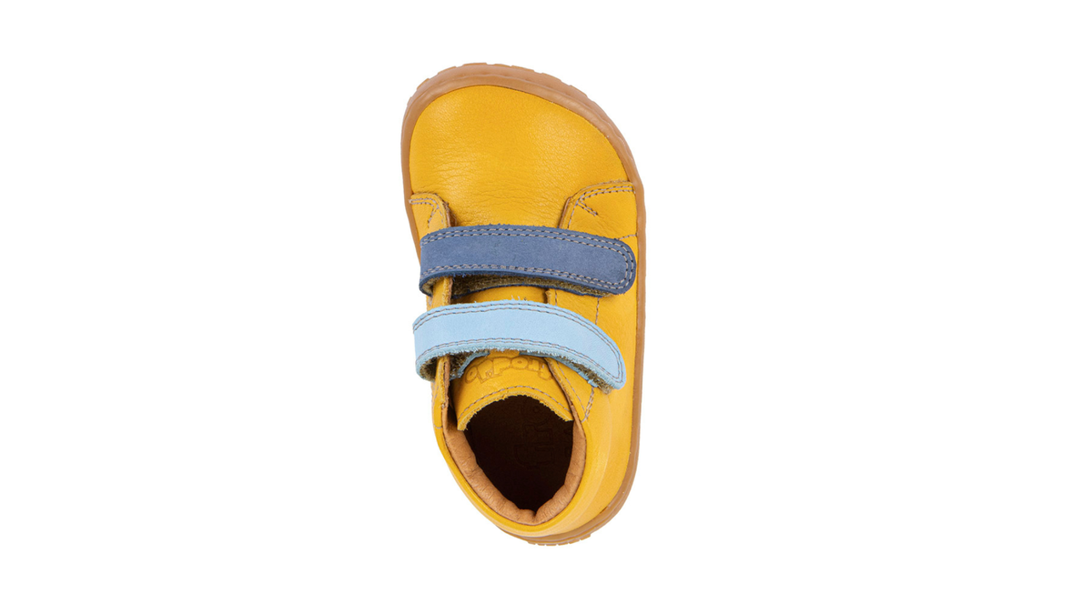 Barfußschuh für Kinder, geschlossene Zehen und geschlossener Fersenbereich, zwei Klettverschlüsse, flexible Sohle, Einzelschuh, Draufsicht
