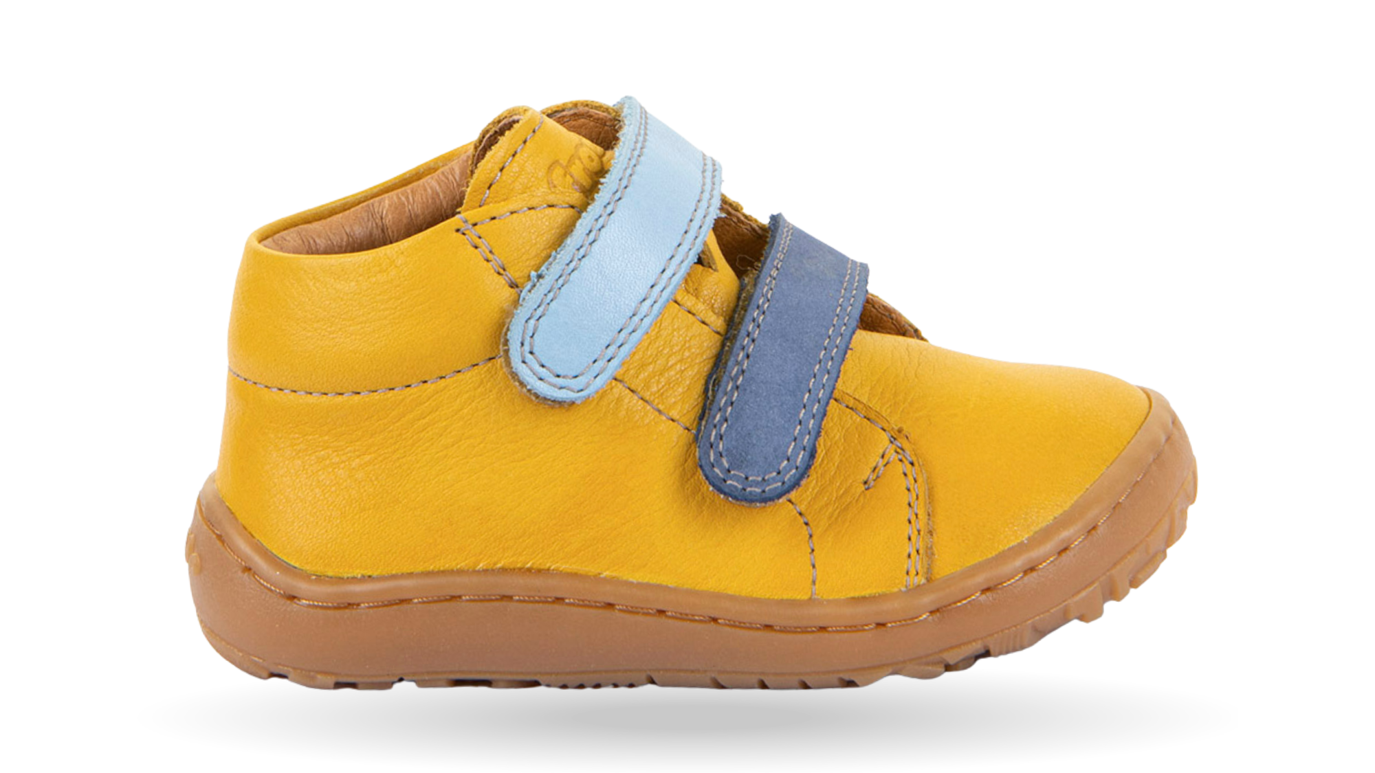 Barfußschuh für Kinder, geschlossene Zehen und geschlossener Fersenbereich, zwei Klettverschlüsse, flexible Sohle, Muster auf dem Obermaterial, Einzelschuh, Seitenansicht außen