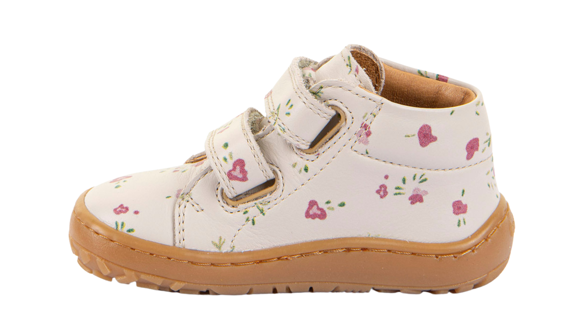 Barfußschuh für Kinder, geschlossene Zehen und geschlossener Fersenbereich, zwei Klettverschlüsse, flexible Sohle, Muster auf dem Obermaterial, Einzelschuh, Seitenansicht innen