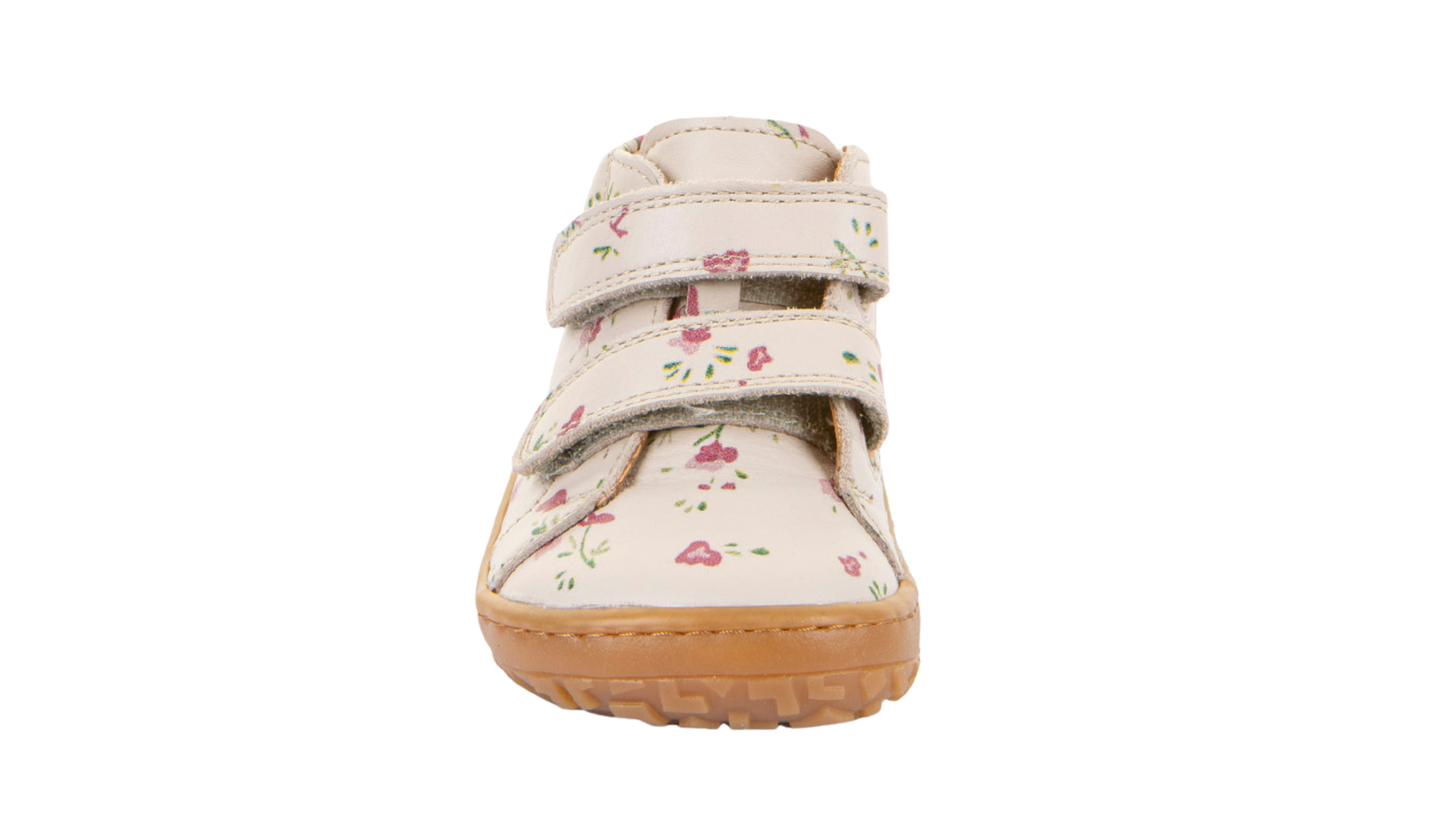 Barfußschuh für Kinder, geschlossene Zehen und geschlossener Fersenbereich, zwei Klettverschlüsse, flexible Sohle, Muster auf dem Obermaterial, Einzelschuh, Vorderansicht