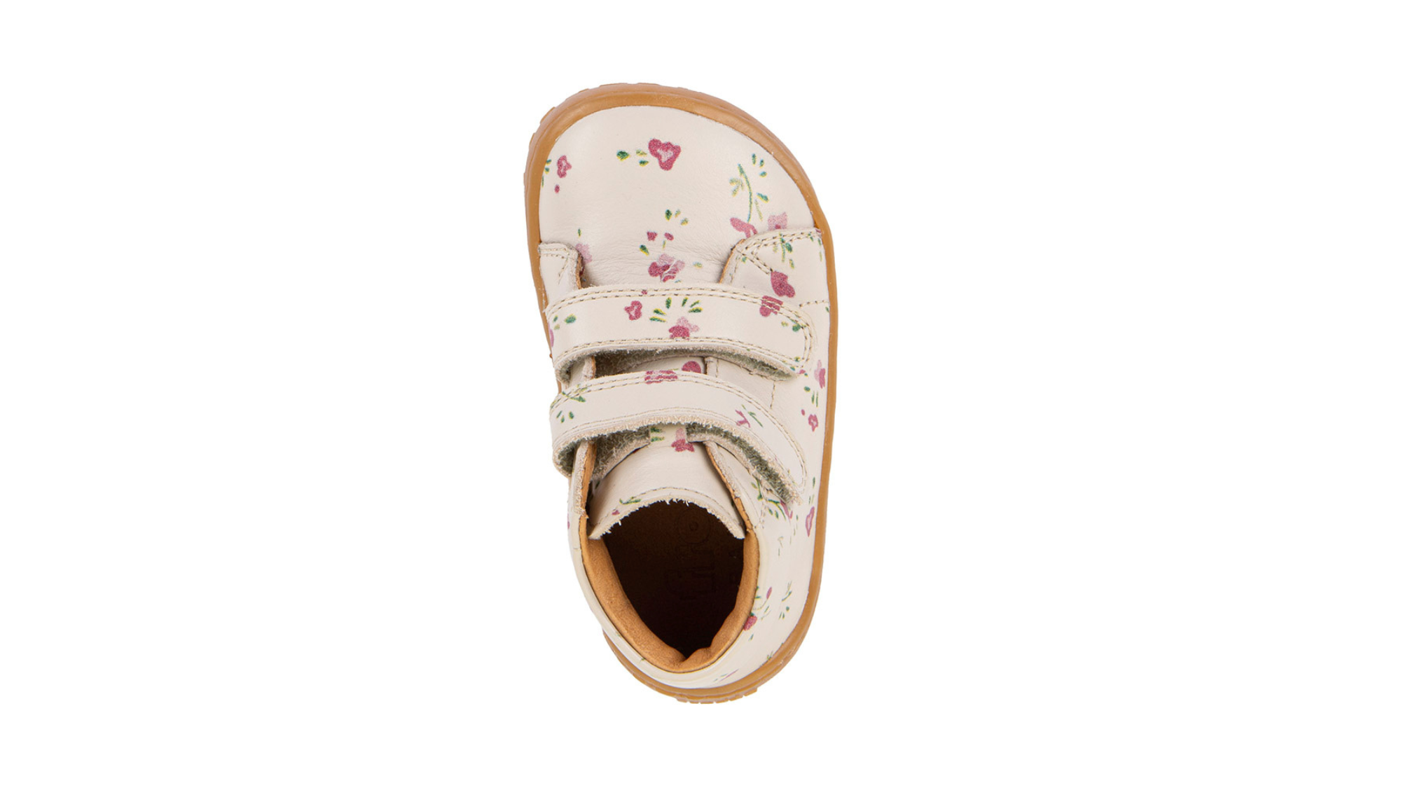 Barfußschuh für Kinder, geschlossene Zehen und geschlossener Fersenbereich, zwei Klettverschlüsse, flexible Sohle, Muster auf dem Obermaterial, Einzelschuh, Draufsicht