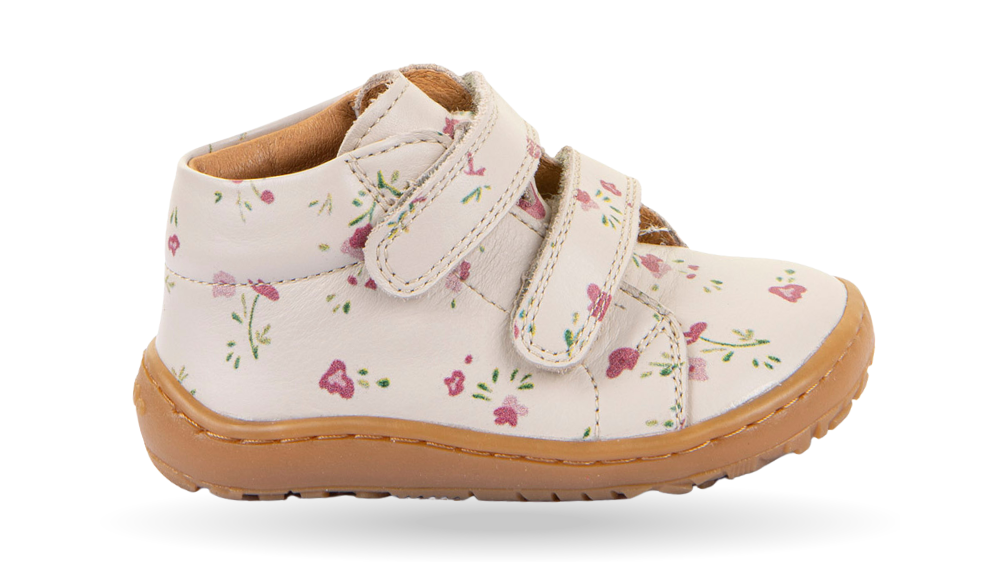 Barfußschuh für Kinder, geschlossene Zehen und geschlossener Fersenbereich, zwei Klettverschlüsse, flexible Sohle, Muster auf dem Obermaterial, Einzelschuh, Seitenansicht außen