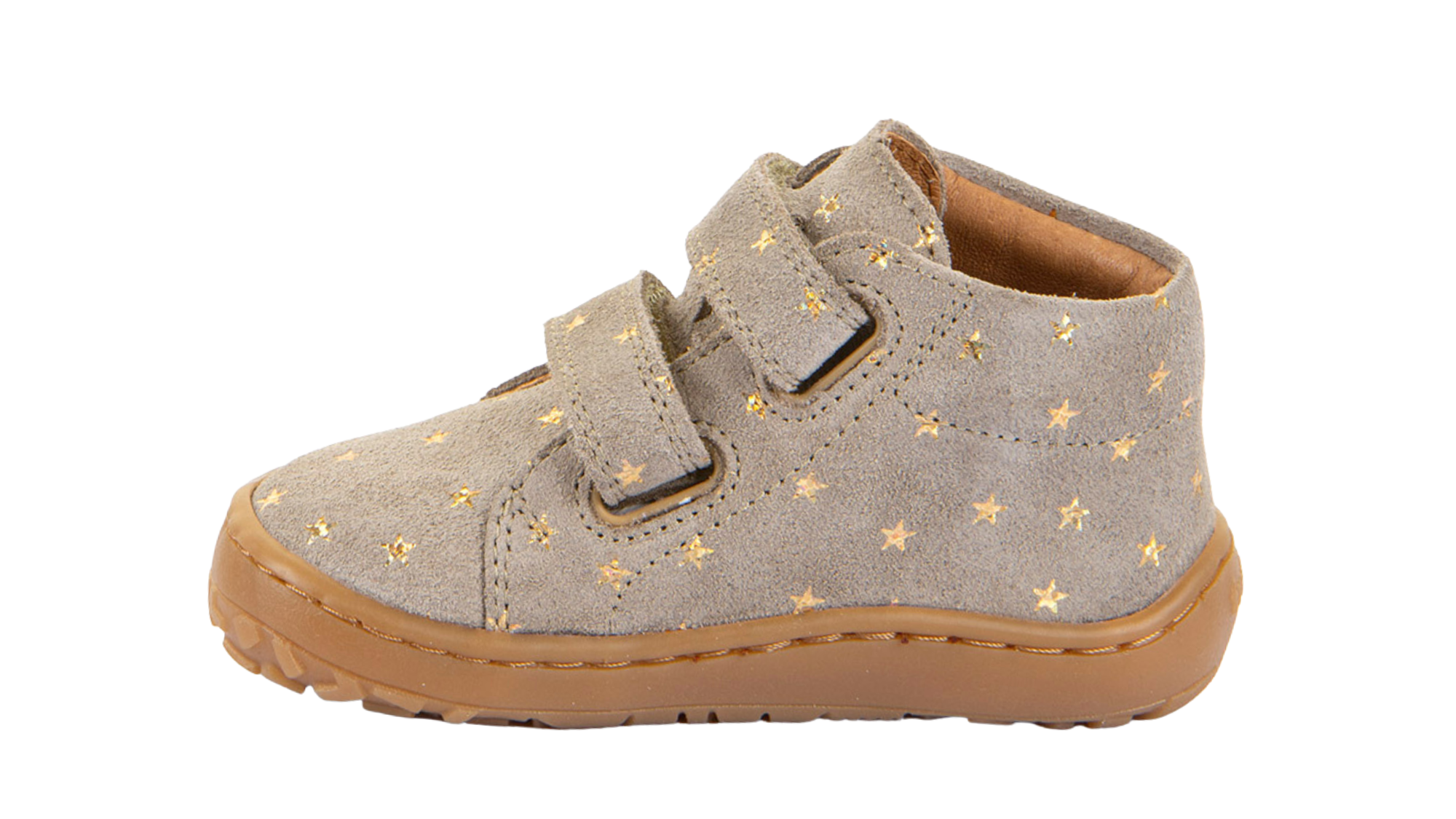 Barfußschuh für Kinder, geschlossene Zehen und geschlossener Fersenbereich, zwei Klettverschlüsse, flexible Sohle, Muster auf dem Obermaterial, Einzelschuh, Seitenansicht innen