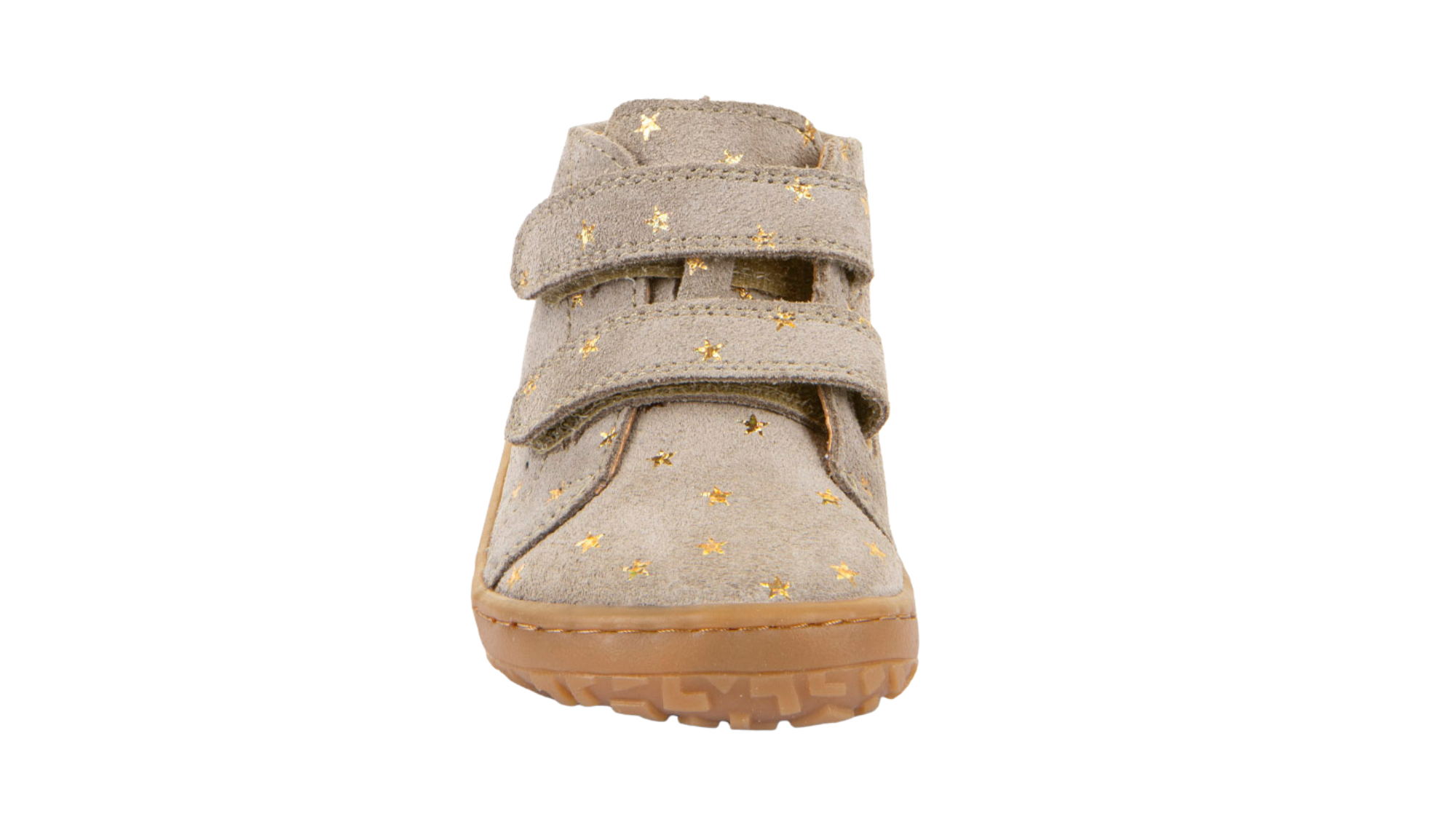 Barfußschuh für Kinder, geschlossene Zehen und geschlossener Fersenbereich, zwei Klettverschlüsse, flexible Sohle, Muster auf dem Obermaterial, Einzelschuh, Vorderansicht
