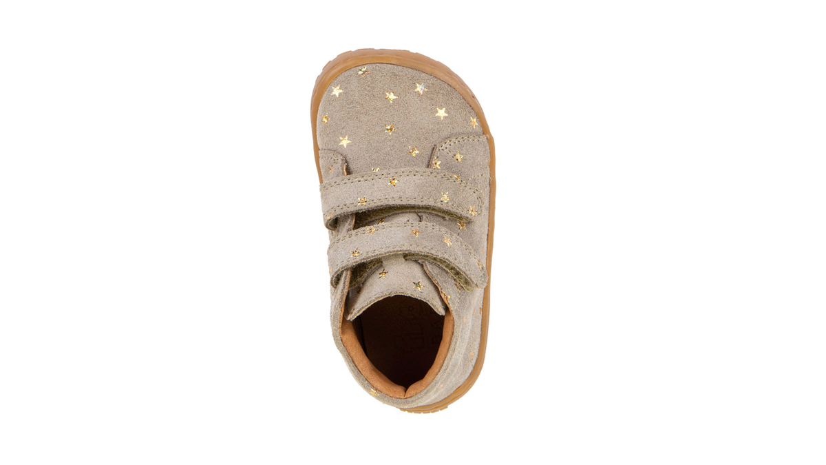 Barfußschuh für Kinder, geschlossene Zehen und geschlossener Fersenbereich, zwei Klettverschlüsse, flexible Sohle, Muster auf dem Obermaterial, Einzelschuh, Draufsicht