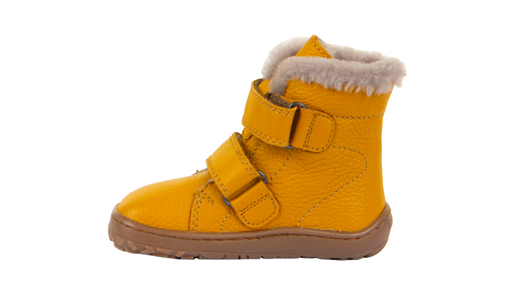 Barfußwinterstiefel für Kinder, geschlossene Zehen und geschlossener Fersenbereich, zwei Klettverschlüsse, profilierte Sohle, Einzelschuh, Seitenansicht innen