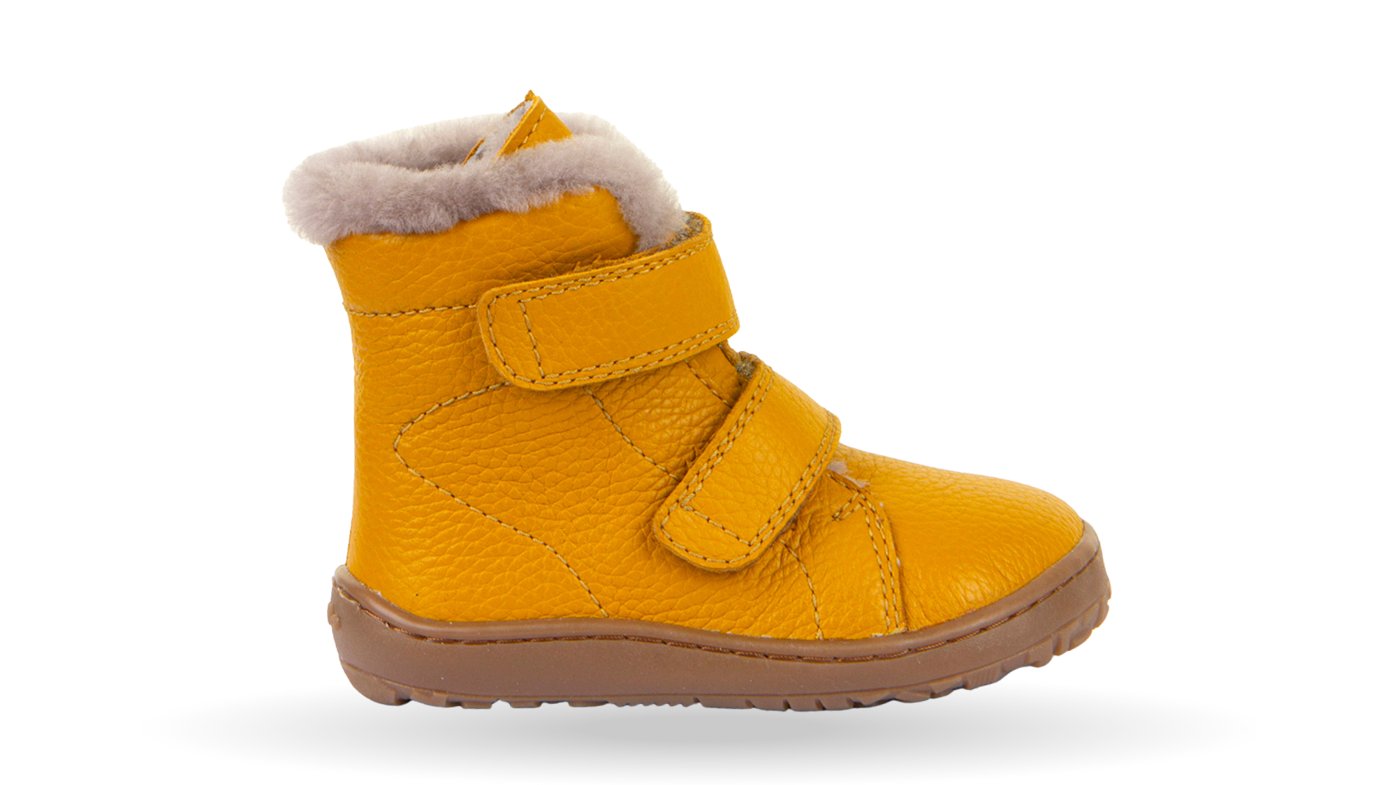 Barfußwinterstiefel für Kinder, geschlossene Zehen und geschlossener Fersenbereich, zwei Klettverschlüsse, profilierte Sohle, Einzelschuh, Seitenansicht außen