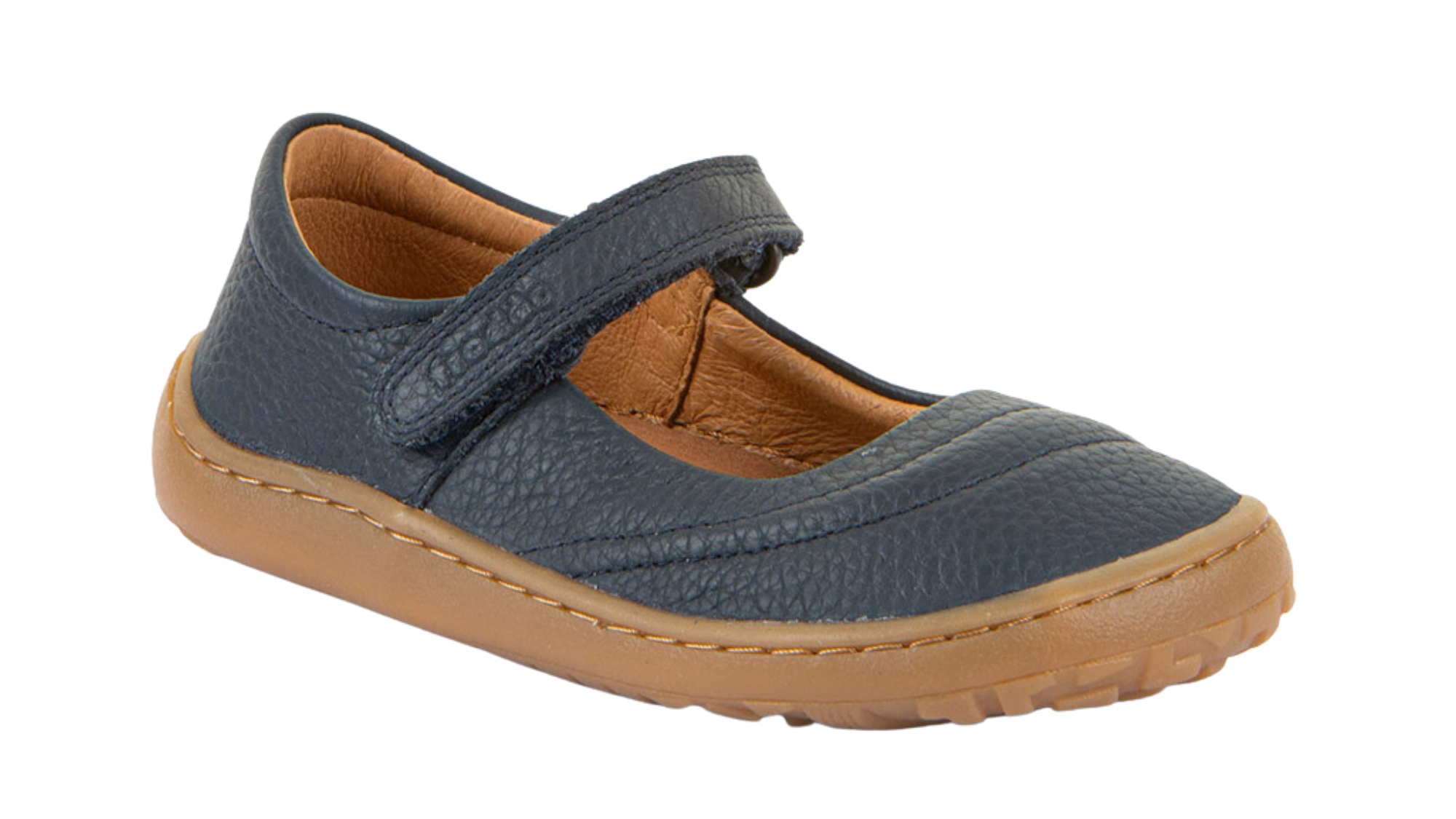 Barfußschuh, geschlossene Zehen und geschlossener Fersenbereich, Spannriemen mit Klettverschluss, flexible Sohle, Einzelschuh, schräge Vorderansicht
