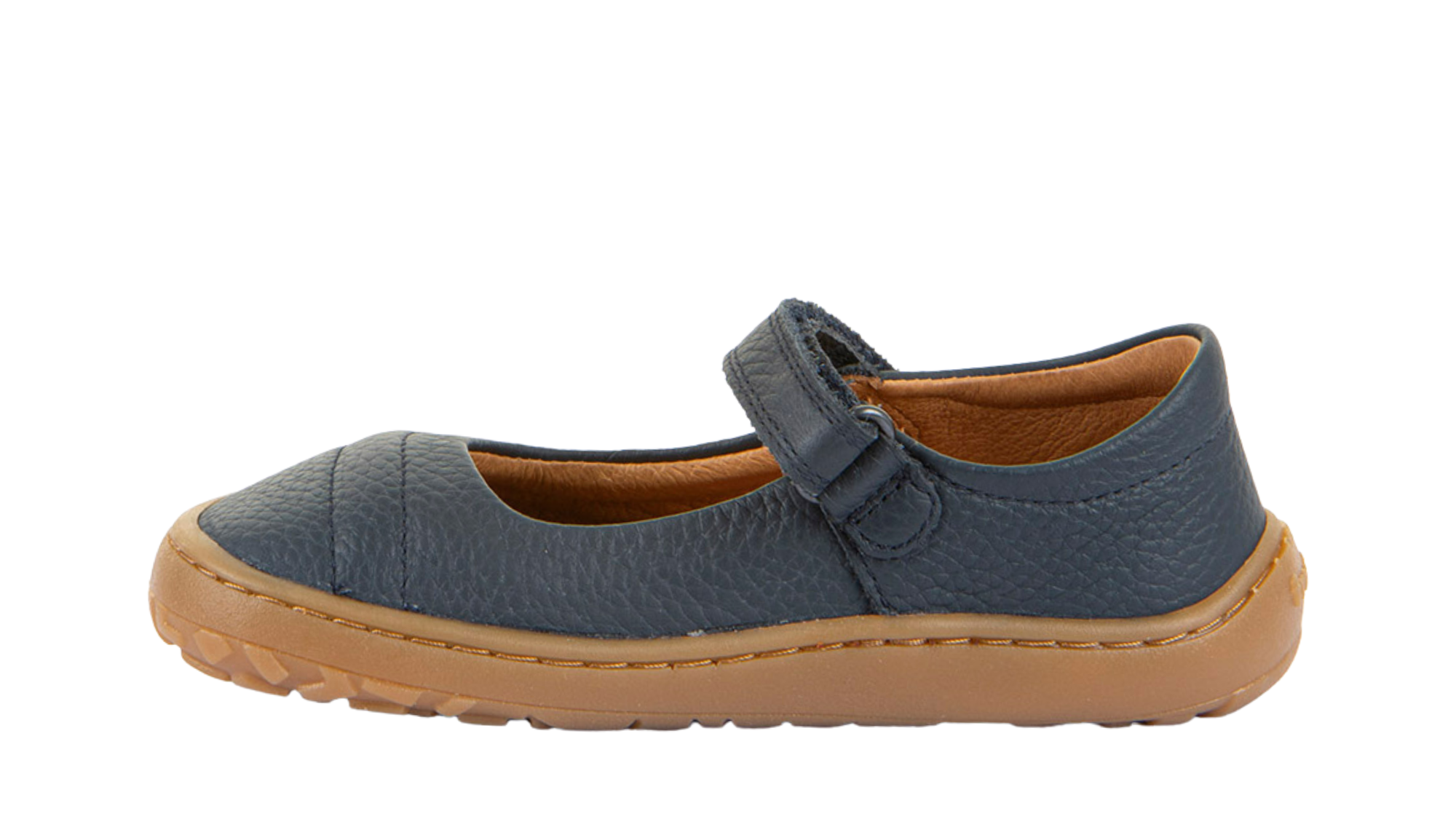 Barfußschuh, geschlossene Zehen und geschlossener Fersenbereich, Spannriemen mit Klettverschluss, flexible Sohle, Einzelschuh, Seitenansicht innen