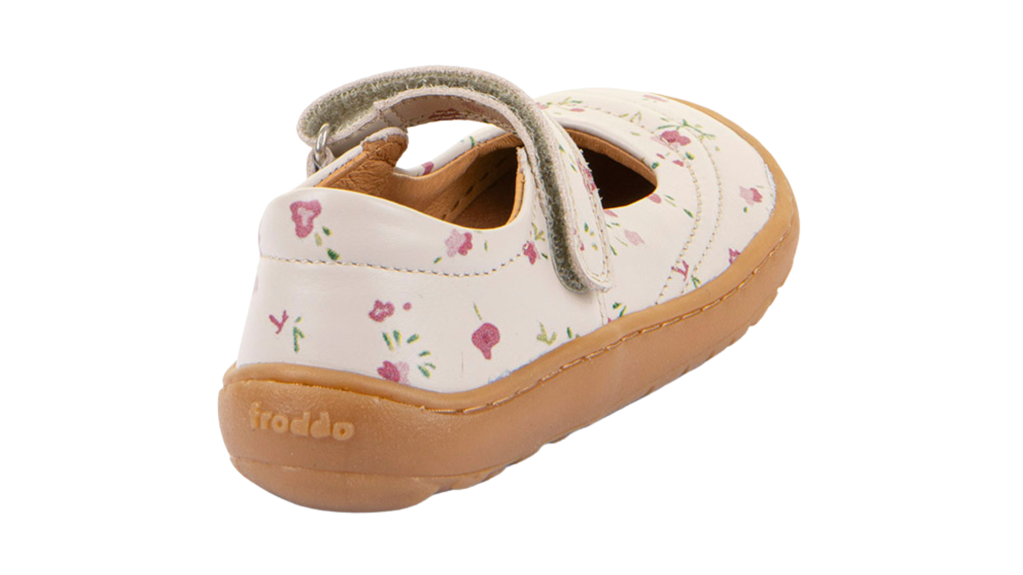 Barfußschuh, geschlossene Zehen und geschlossener Fersenbereich, Spannriemen mit Klettverschluss, flexible Sohle, Muster auf dem Obermaterial, Einzelschuh, Rückansicht