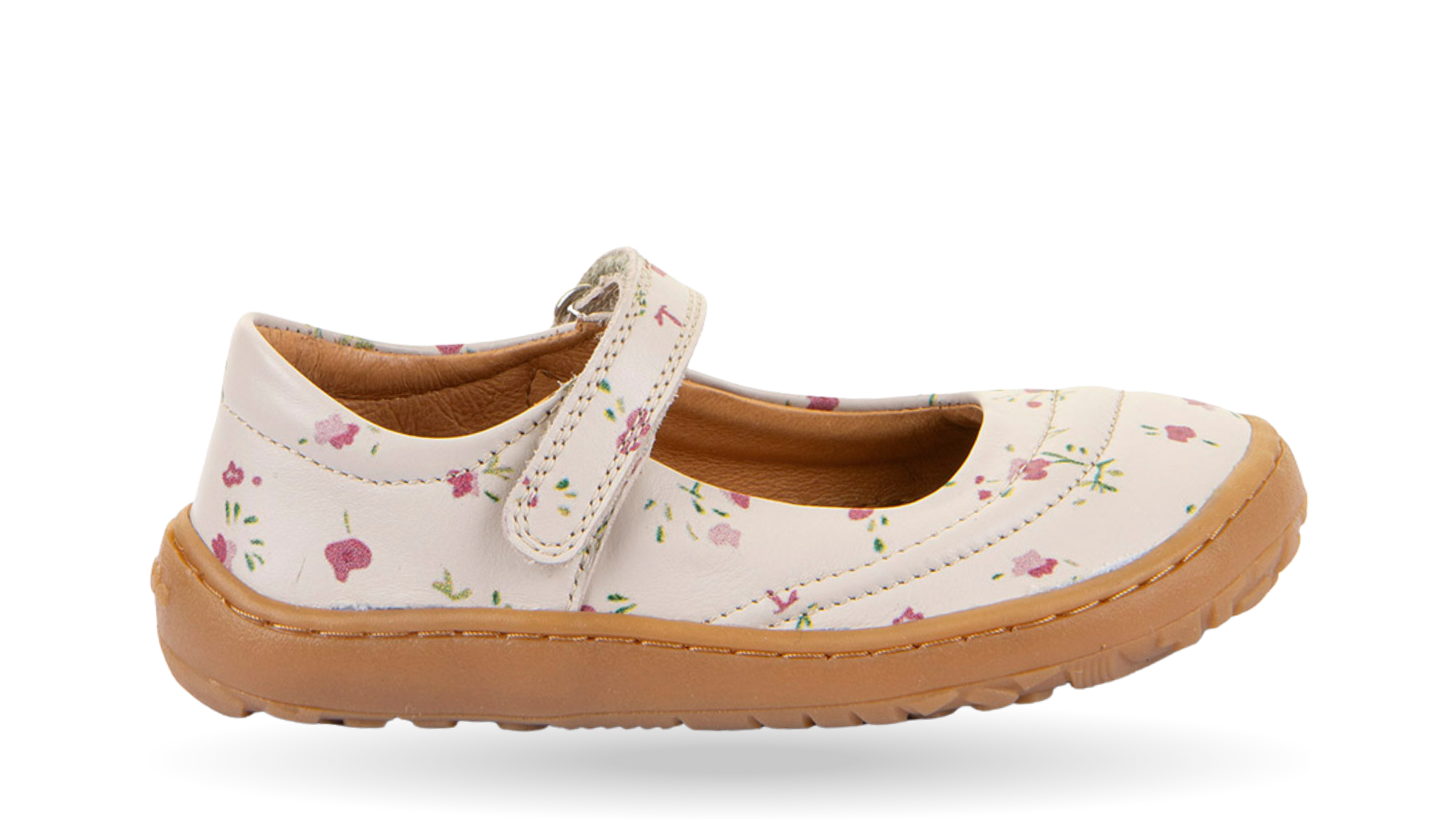 Barfußschuh, geschlossene Zehen und geschlossener Fersenbereich, Spannriemen mit Klettverschluss, flexible Sohle, Muster auf dem Obermaterial, Einzelschuh, Seitenansicht außen