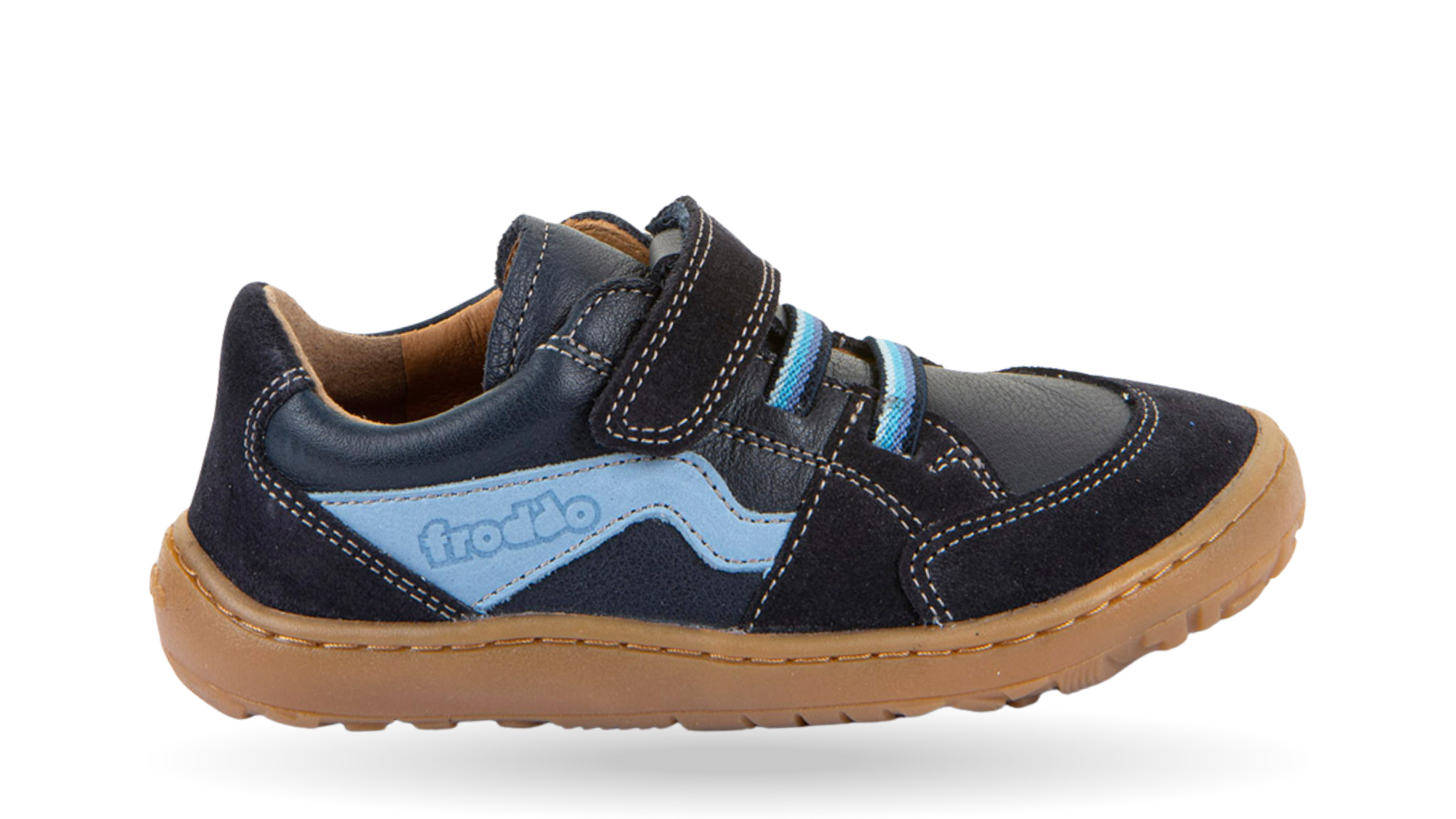 Barfußschuh für Kinder, geschlossene Zehen und geschlossener Fersenbereich, Klettverschluss und elastische Riemen, flexible Sohle, Einzelschuh, Seitenansicht außen