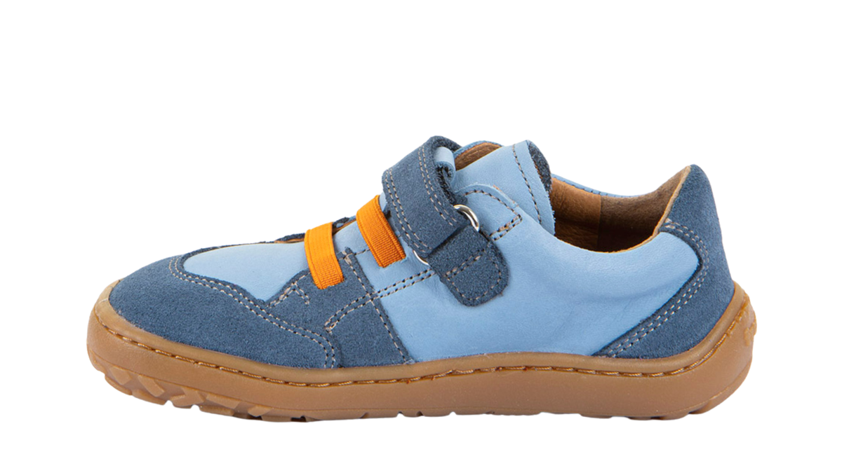 Barfußschuh für Kinder, geschlossene Zehen und geschlossener Fersenbereich, Klettverschluss und elastische Riemen, flexible Sohle, Einzelschuh, Seitenansicht innen