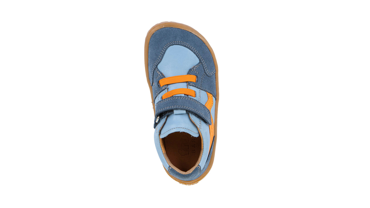 Barfußschuh für Kinder, geschlossene Zehen und geschlossener Fersenbereich, Klettverschluss und elastische Riemen, flexible Sohle, Einzelschuh, Draufsicht