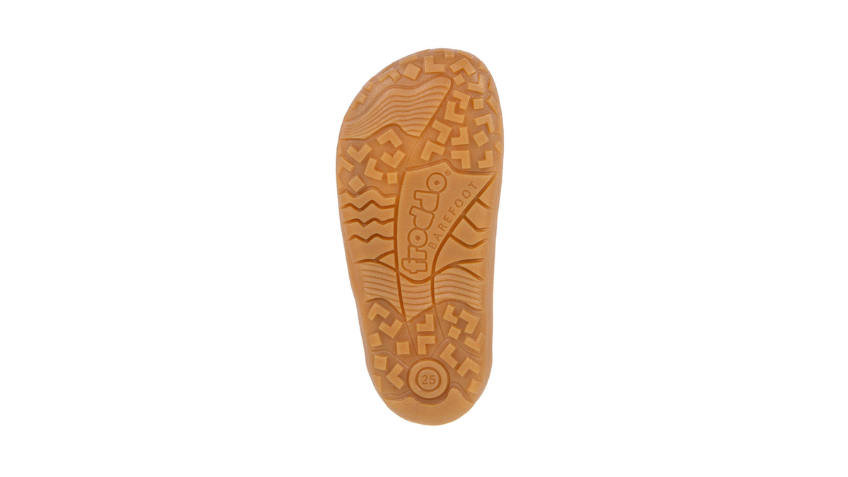 Barfußschuh für Kinder, geschlossene Zehen und geschlossener Fersenbereich, Klettverschluss und elastische Riemen, flexible Sohle, Einzelschuh, Ansicht von unten